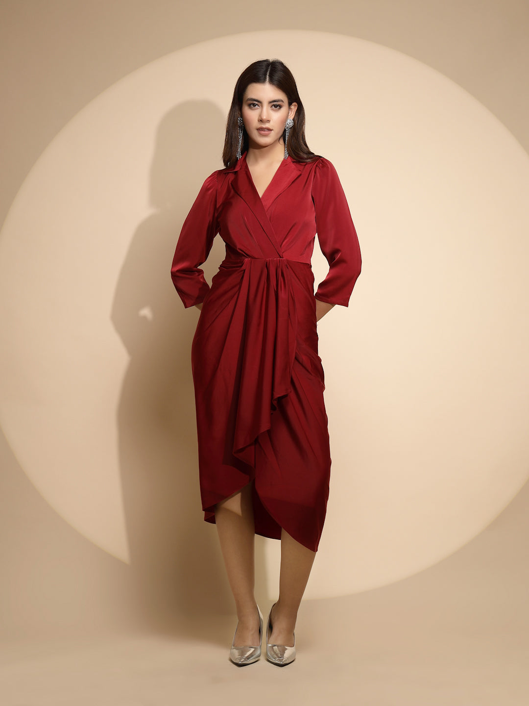 Maroon Solid Notch Collar Satin Dress - Global Republic