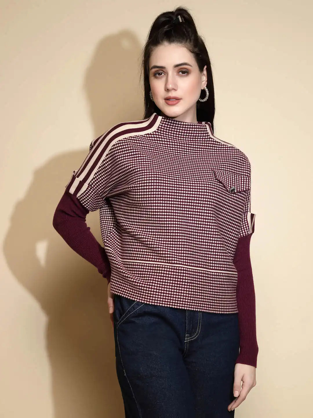 Rose Purple Check Full Sleeve Turtle Neck Pullover Sweater - Global Republic