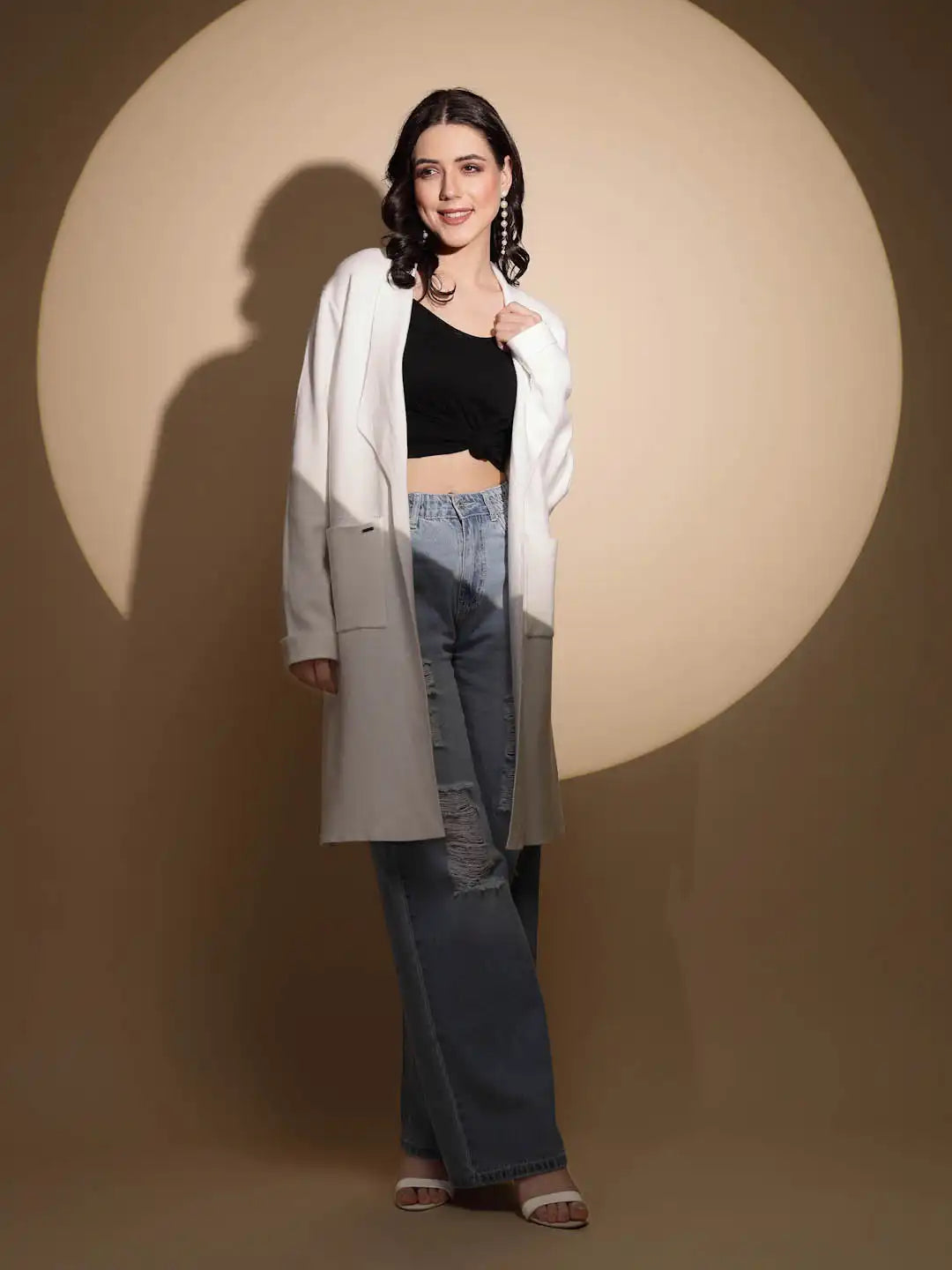 Beige Solid Knitted Shrug - Global Republic