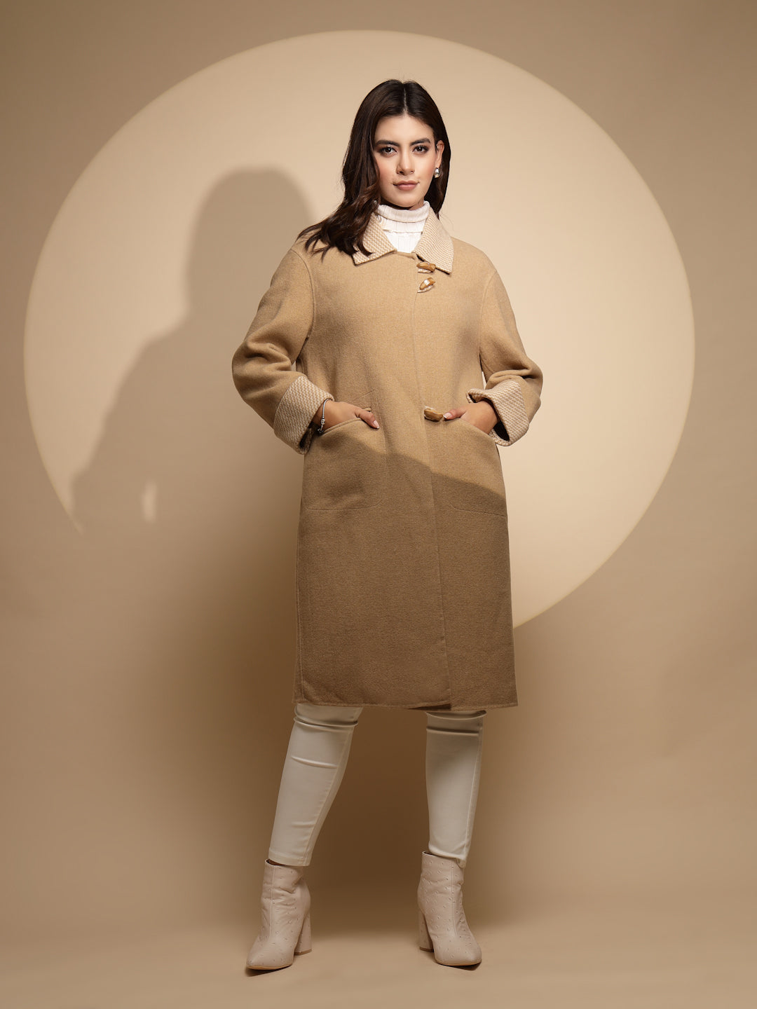 Beige Solid Collared Neck Full Sleeve Wool Coat - Global Republic