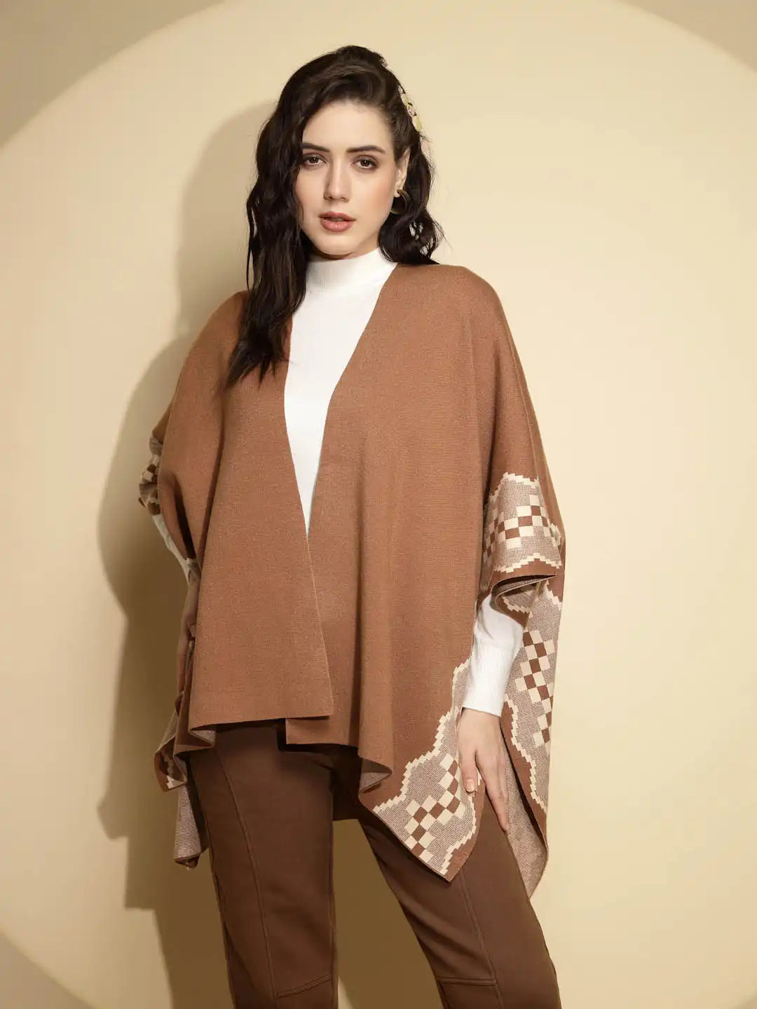 Brown Abstract Print Three Quarter Sleeve Open Neck Knitted Winter Shrug - Global Republic