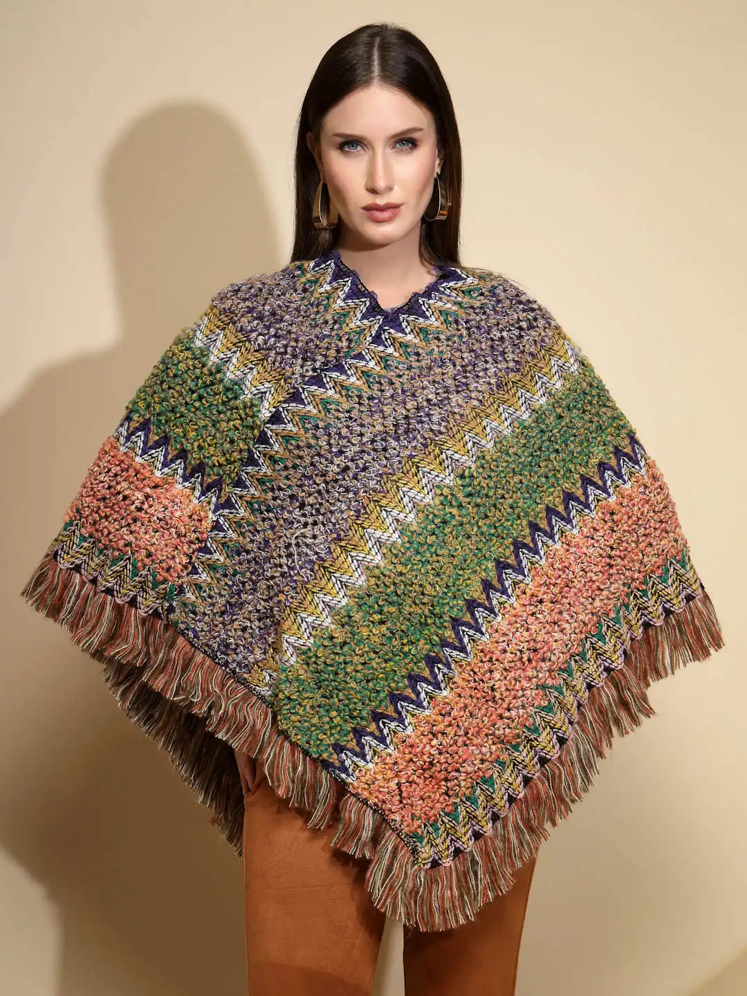 Green Abstract print V-Neck Acrylic Poncho - Global Republic