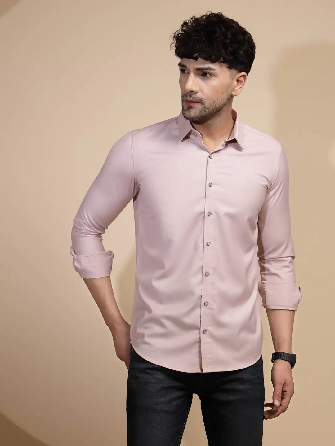 Pink Solid Full Sleeve Collared Neck Cotton Blend Shirt - Global Republic