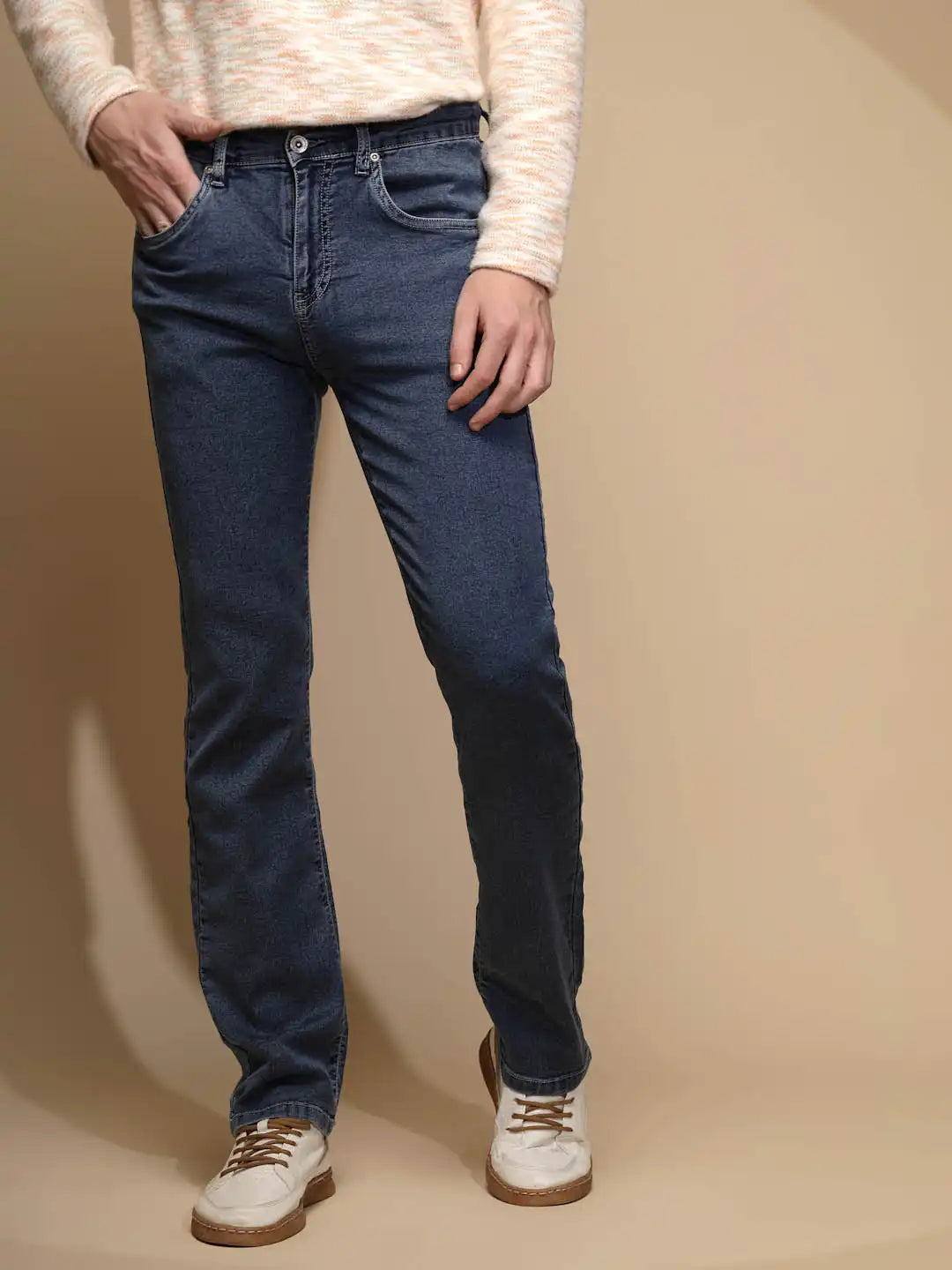 Medium Blue Solid Mid Rise Full Length Straight Slim Fit Cotton Blend Jeans - Global Republic
