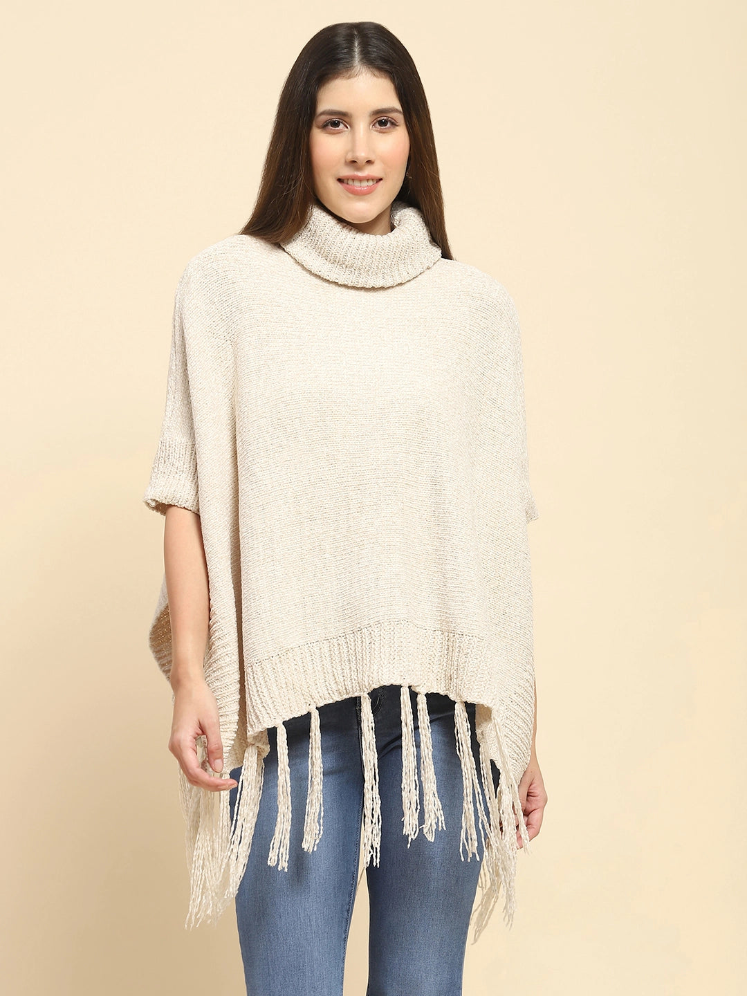 Beige Wool Blend Loose Poncho - Global Republic