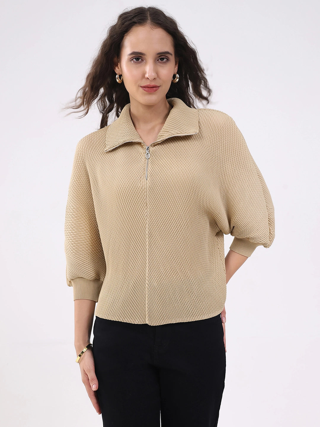 Beige Solid Pleated Blouson Top - Global Republic