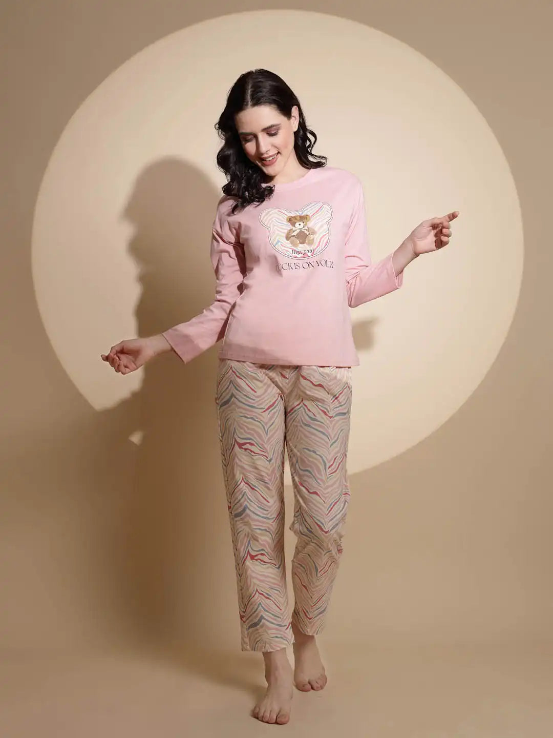 Pink Hosiery Round Neck Printed Top & Pyjama Night Suit Set - Global Republic