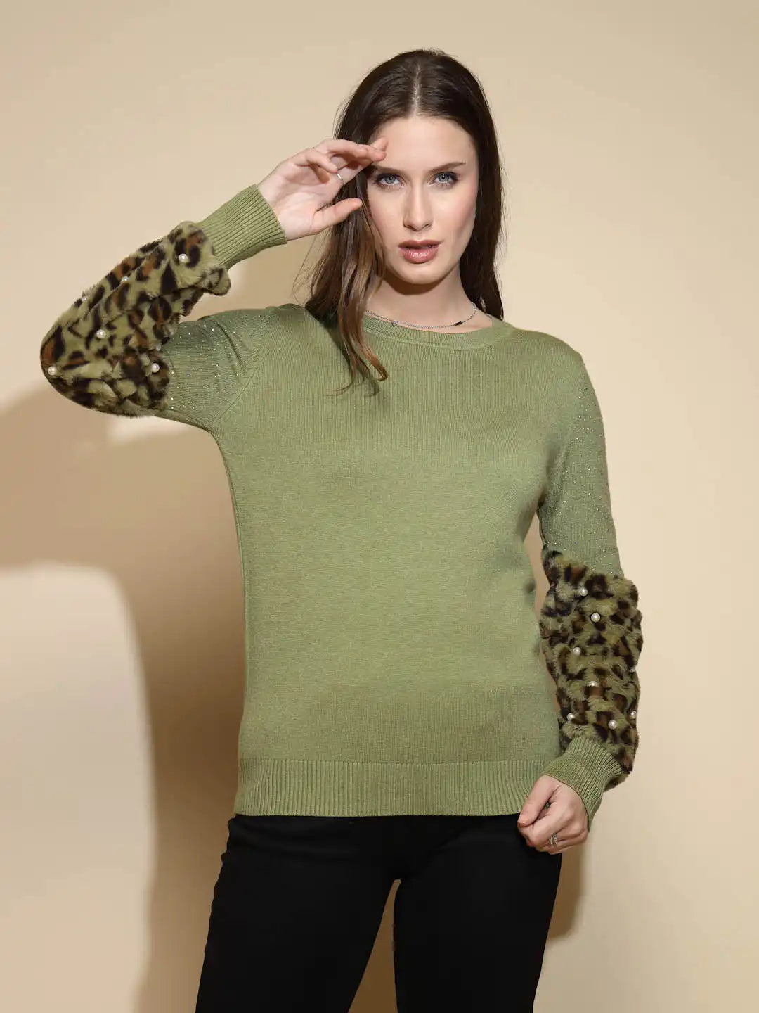 Olive Embellished Full Sleeve Round Neck Acrylic Pullover Sweater - Global Republic