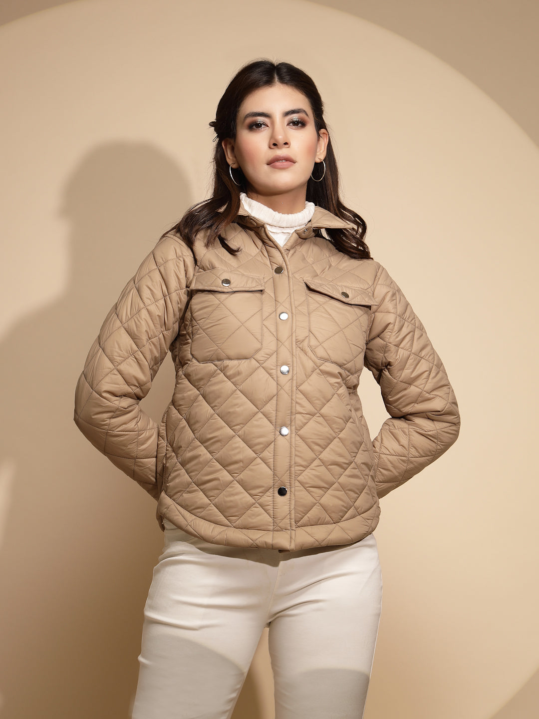 Women Beige Solid Full Sleeve Collar Neck Shacket - Global Republic