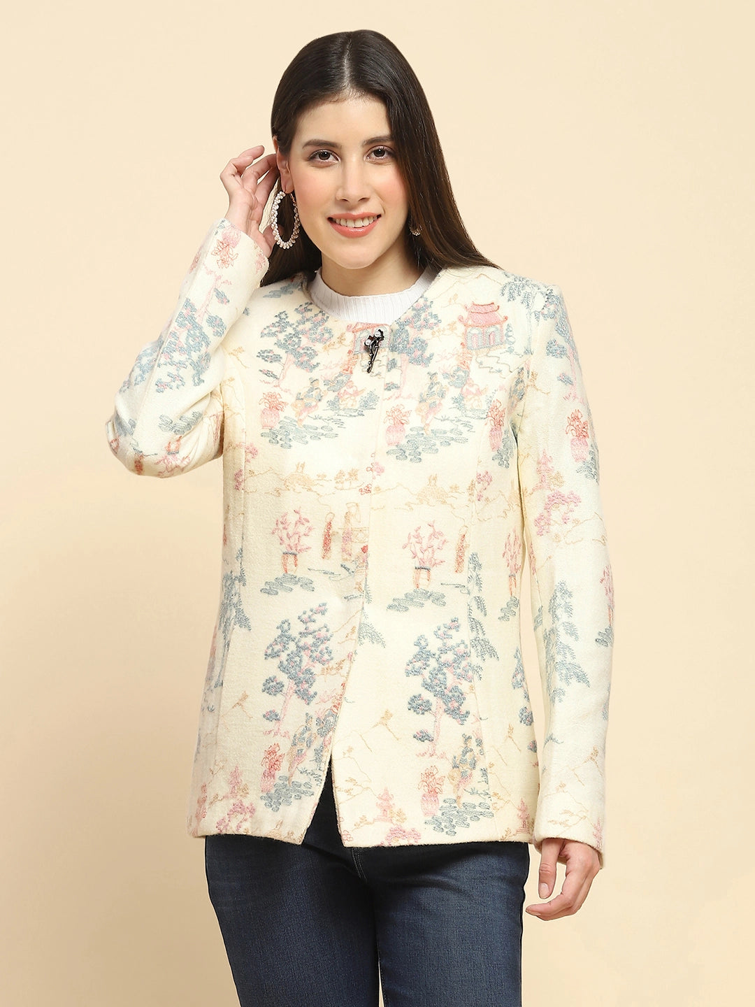 Cream Acrylic Thread Embroidered Regular Fit Coat For Winter - Global Republic