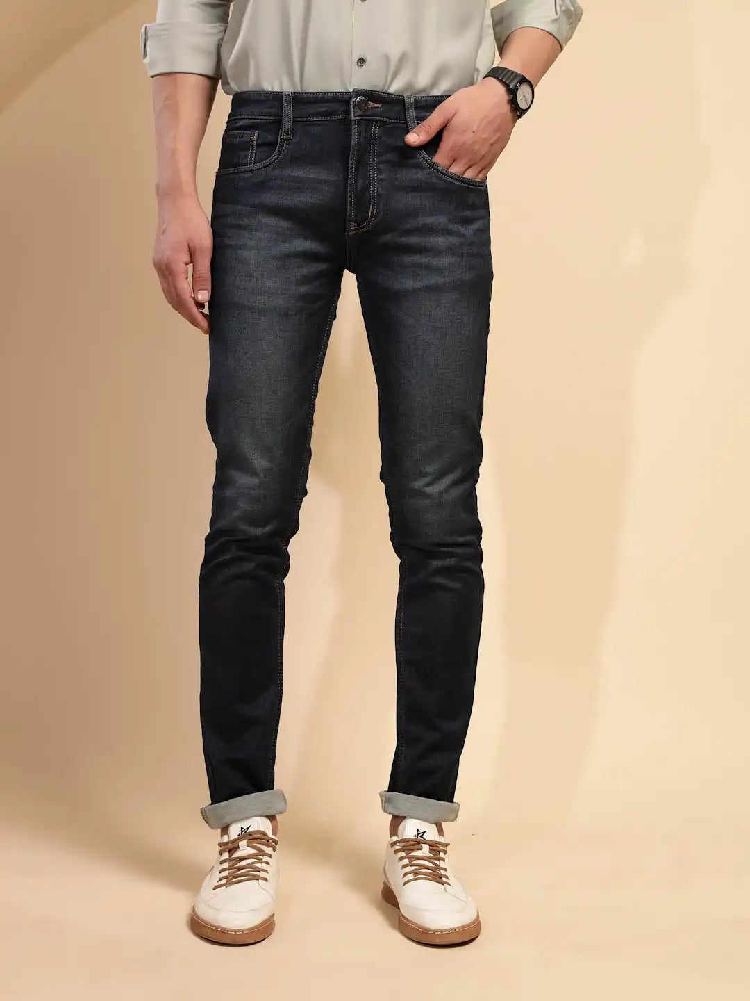 Tint Blue Solid Mid Rise Denim Cuffing Jeans - Global Republic