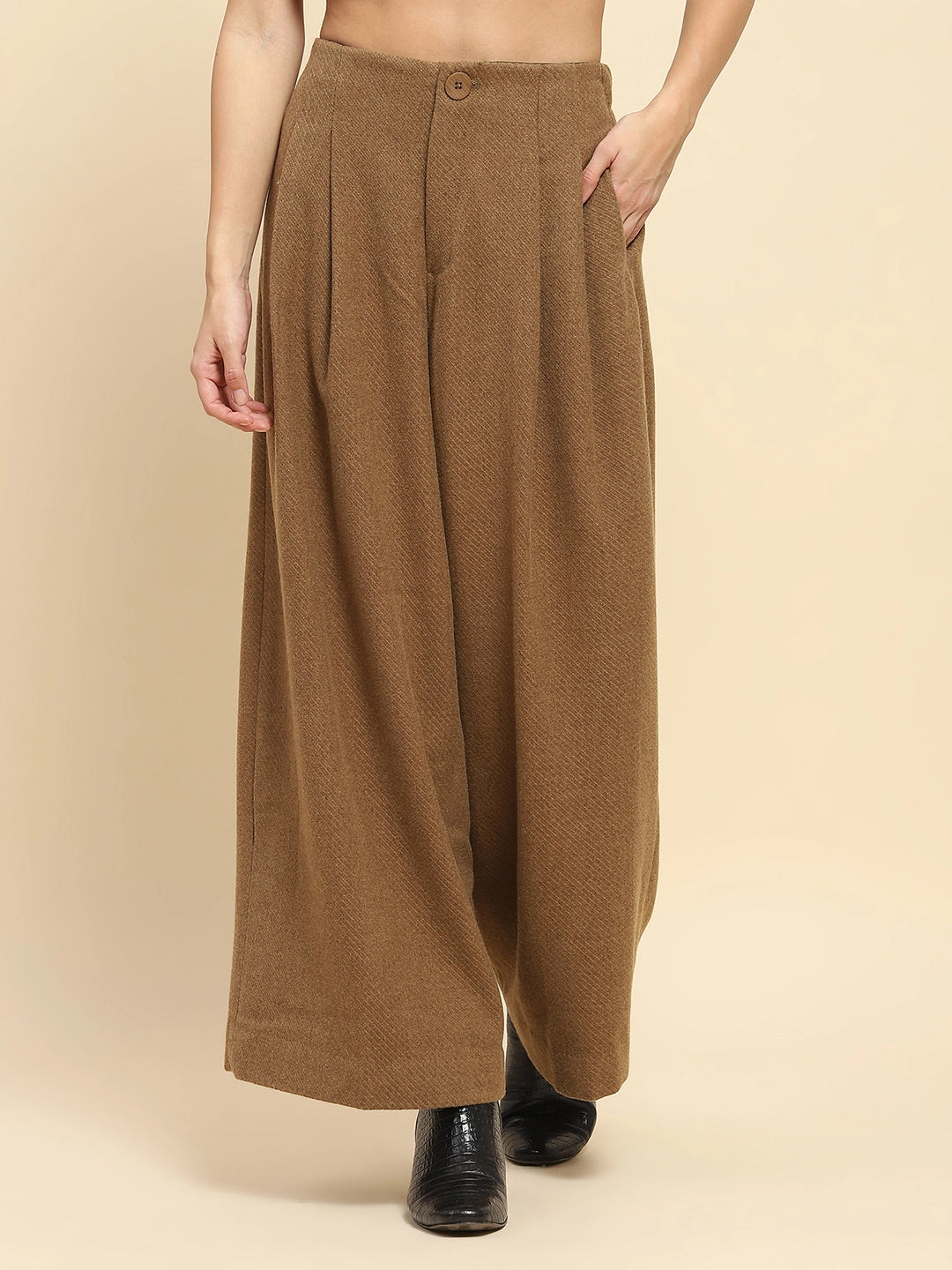 Brown Viscose Wide Leg Winter Trouser - Global Republic