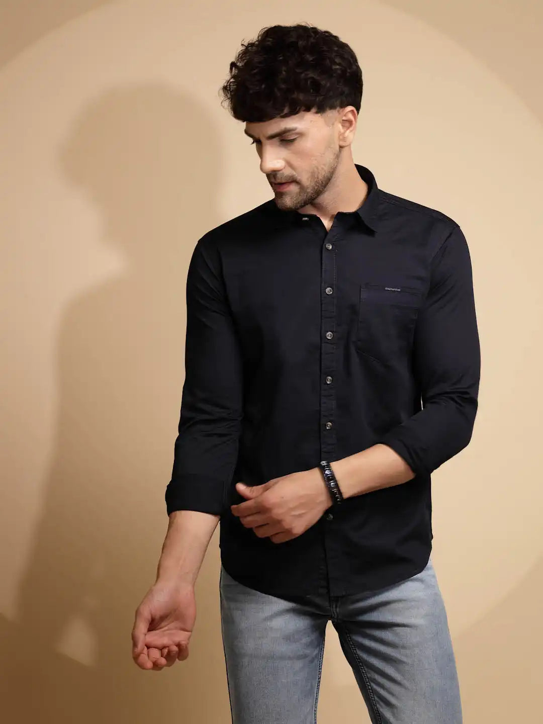 Blue Cotton Blend Solid Shirt - Global Republic