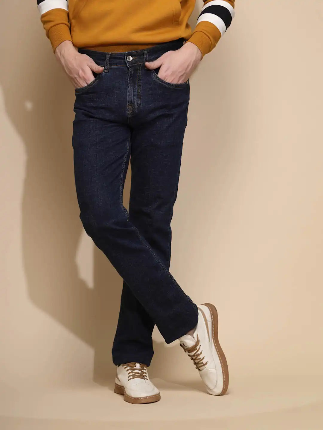 Dark Blue Solid Mid Rise Straight Denim Full Length Jeans