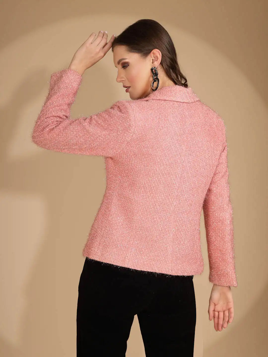 Women's Solid Collared Neck Pink Blazer - Global Republic
