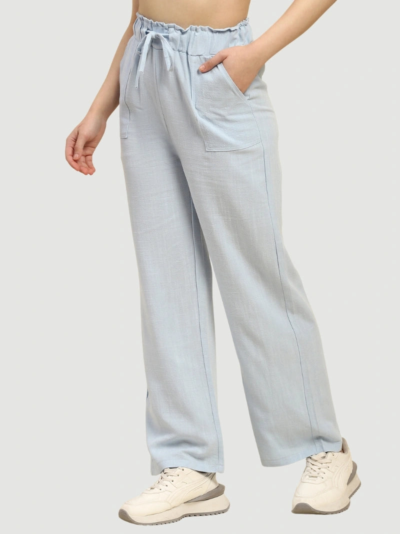 Blue Solid Cotton Linen Relaxed Lower - Global Republic