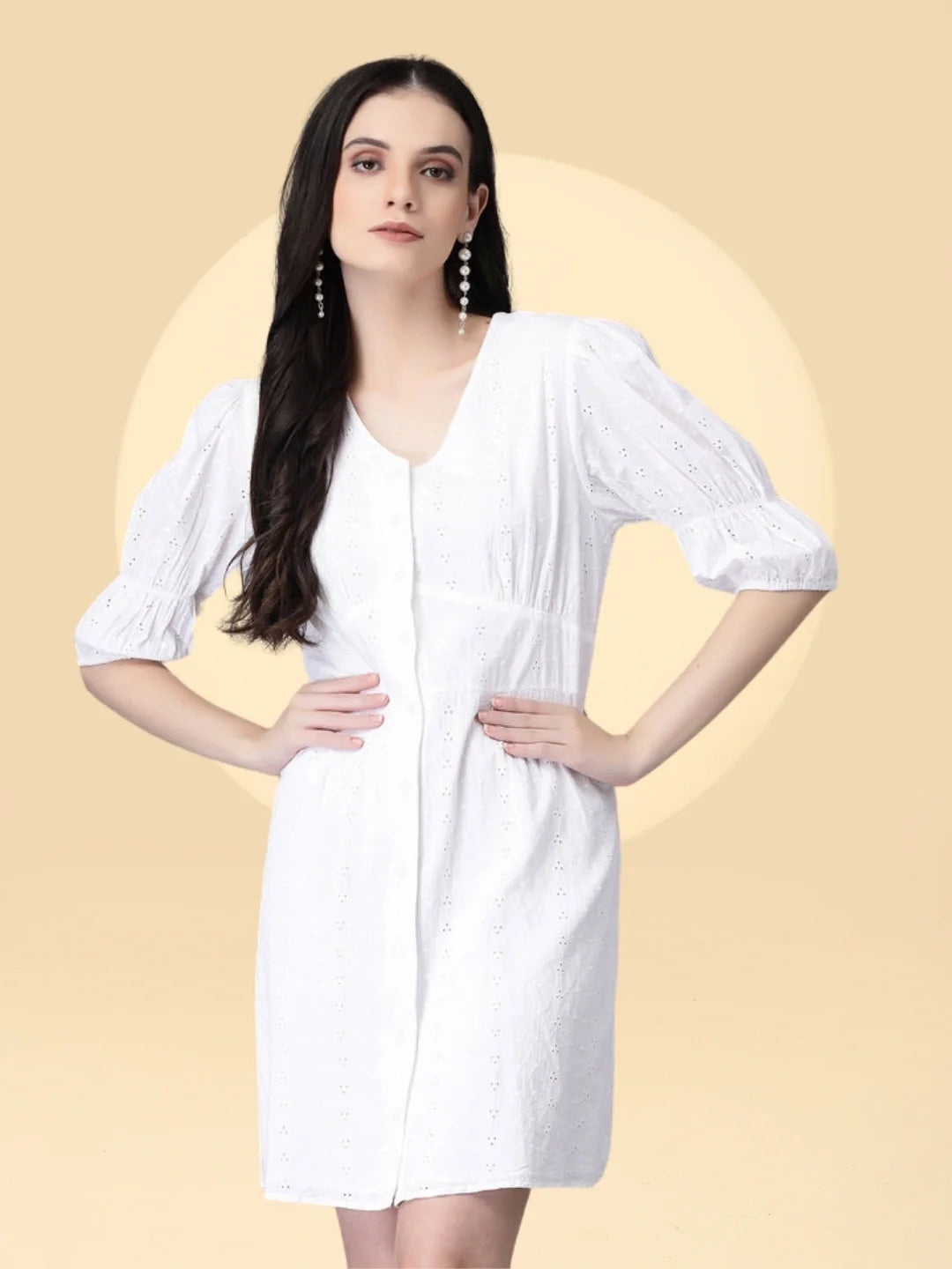 White Embroidered Cotton Flared Dress - Global Republic