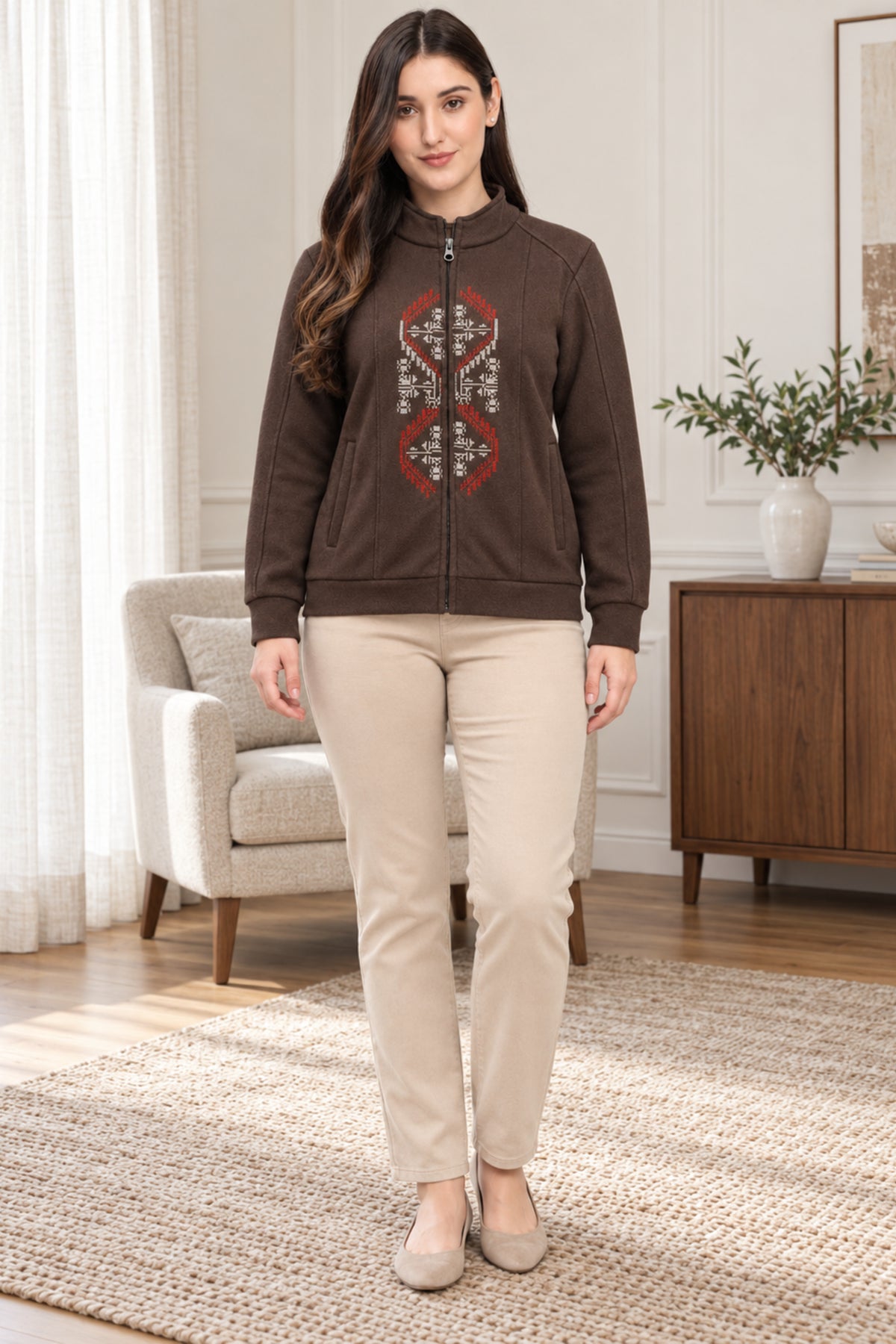 Coffee Brown Embroidered Zip Sweatshirt