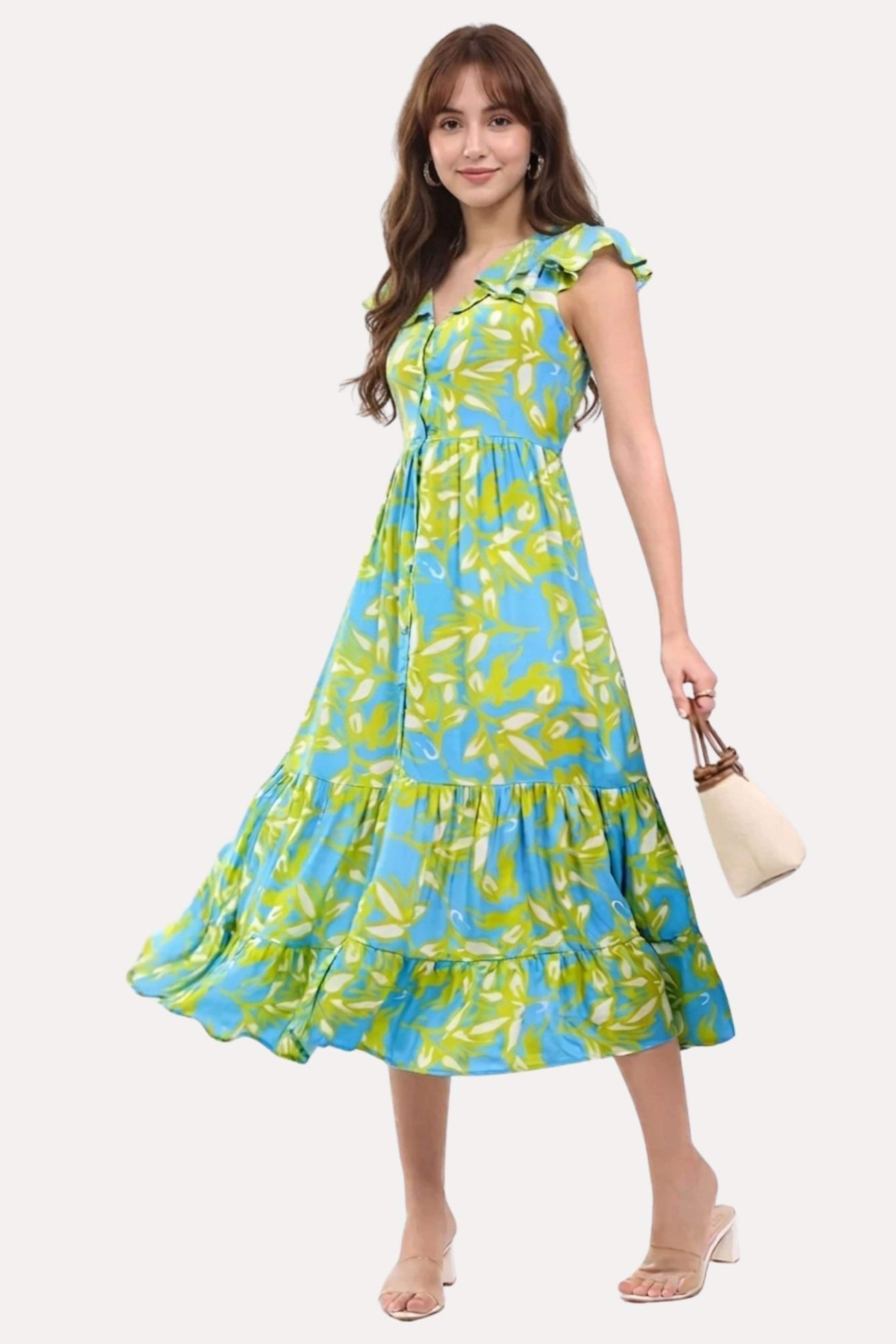 Sky & Lime Abstract Tiered Midi Dress