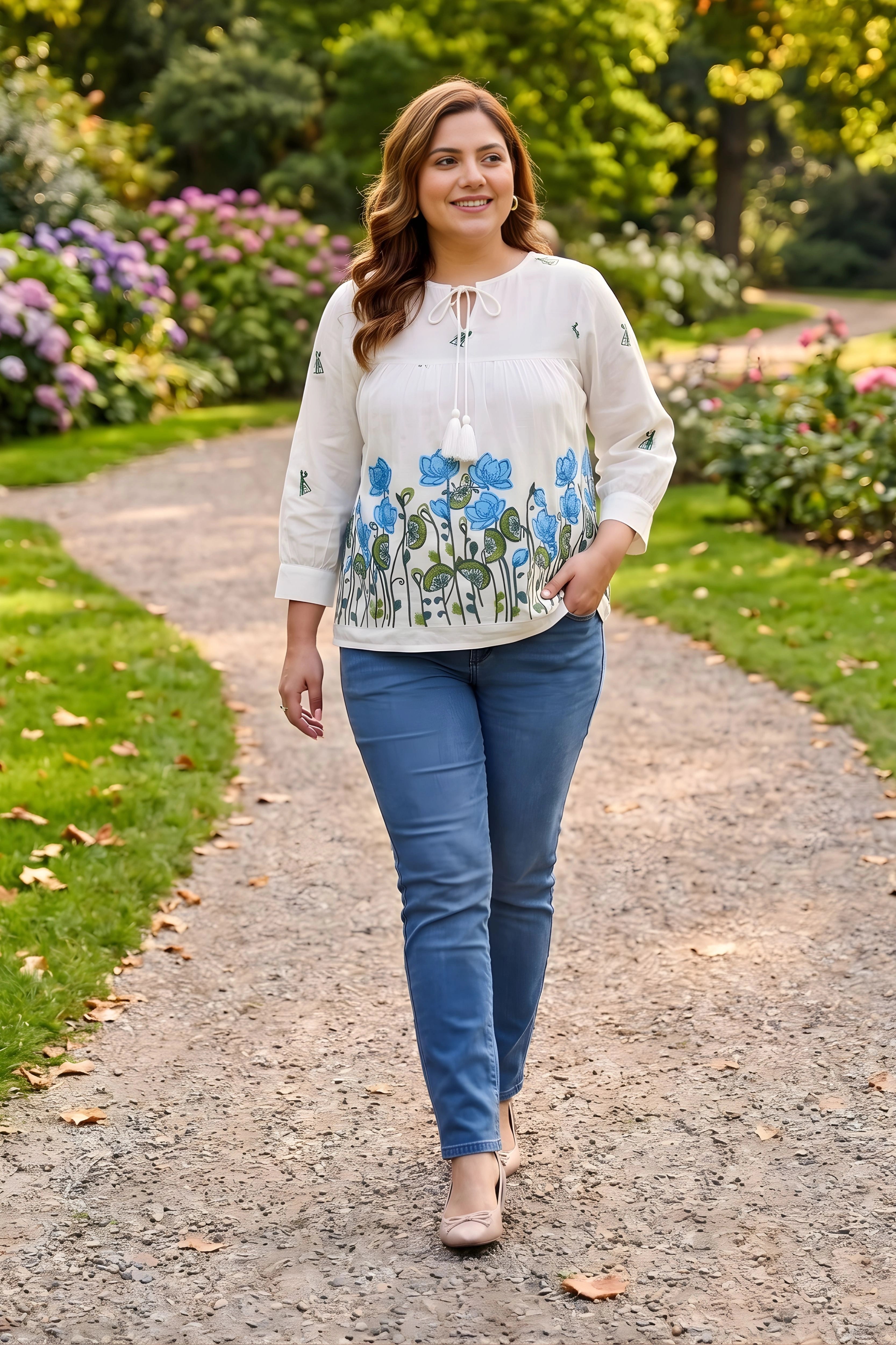 White Floral Embroidered Cotton Top