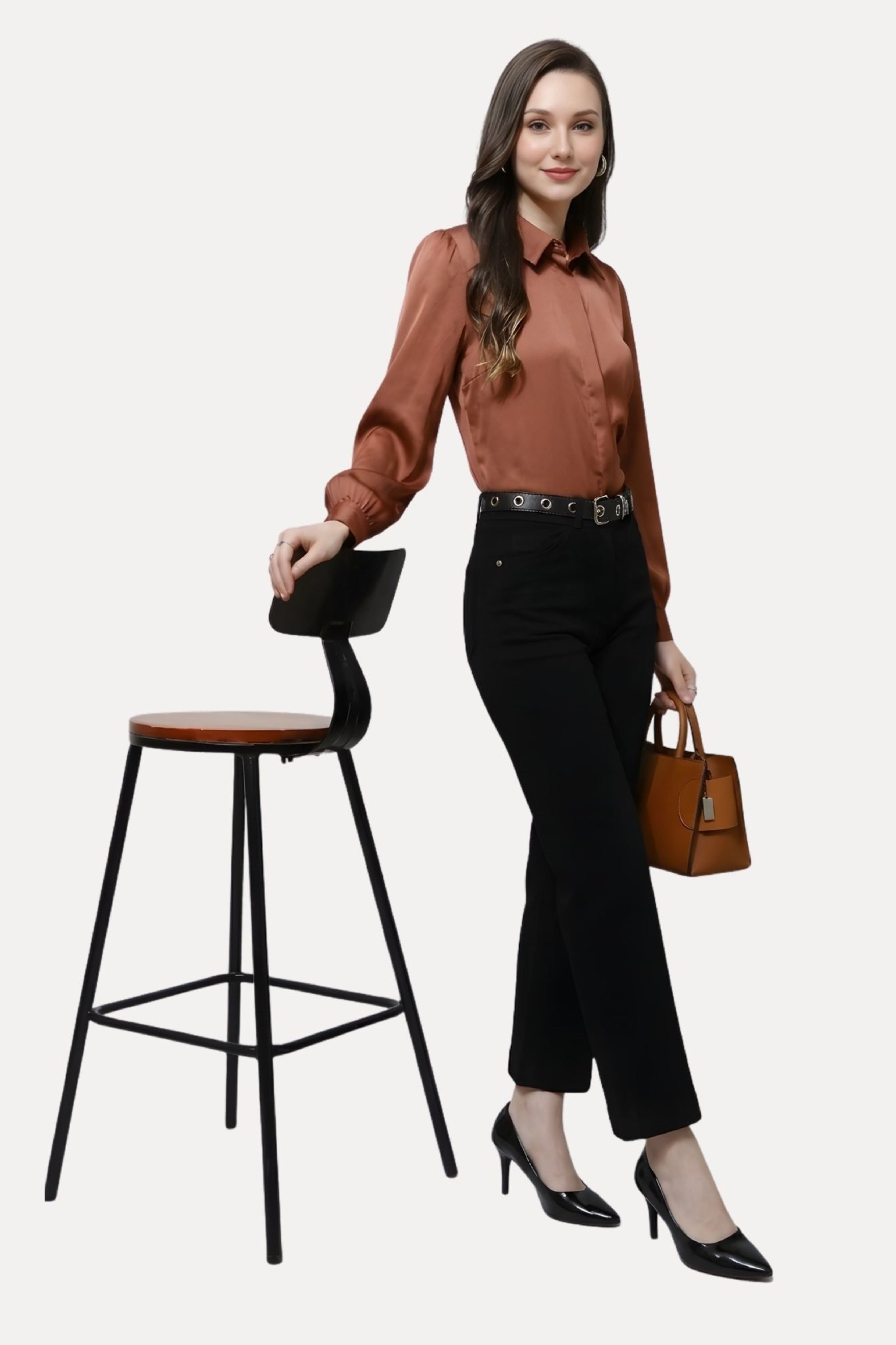 Brown Poly Satin Solid Shirt