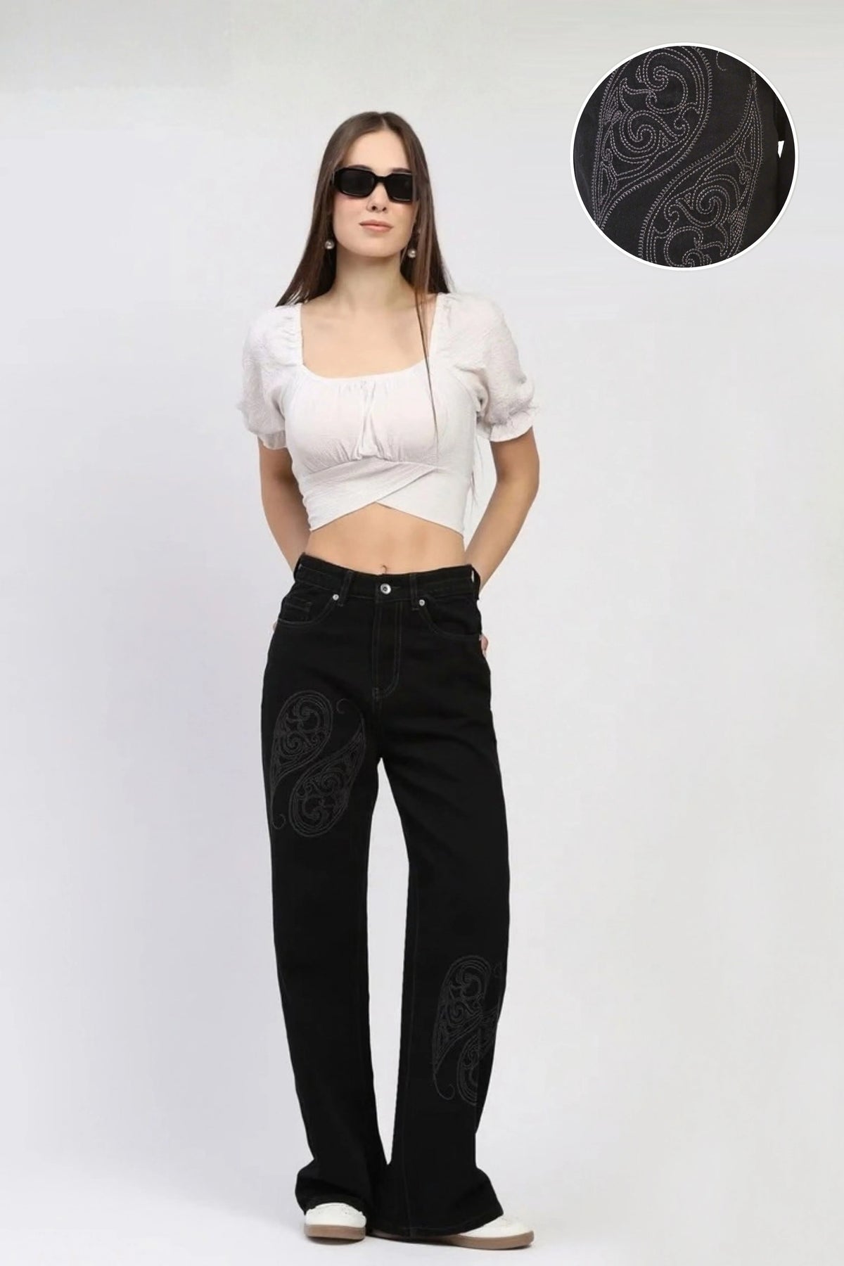 Black Paisley Embroidered Jeans
