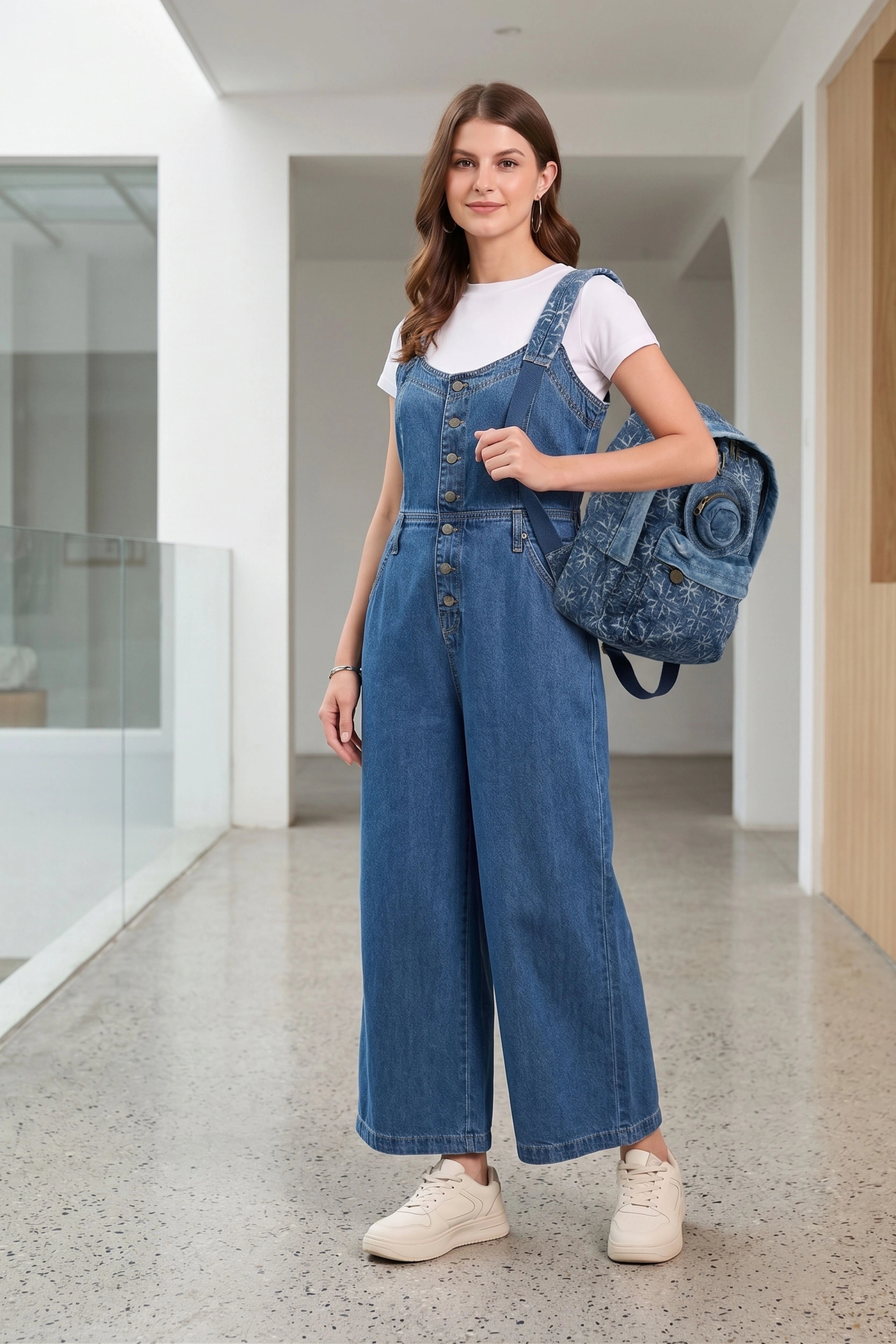 Blue Printed Denim Backpack