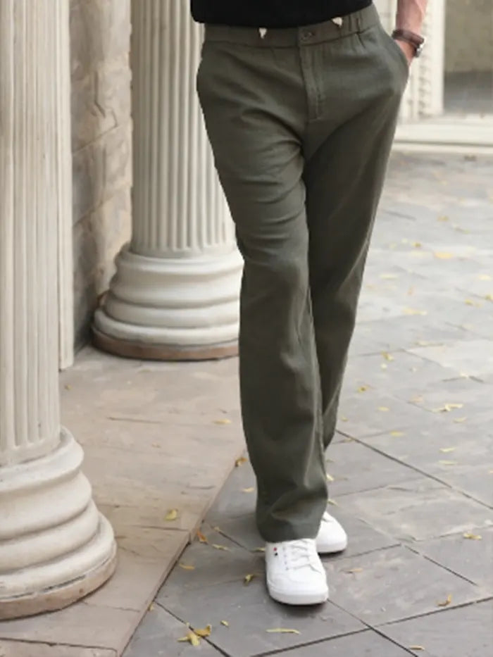 Olive Solid Cotton Loose Fit Trouser - Global Republic