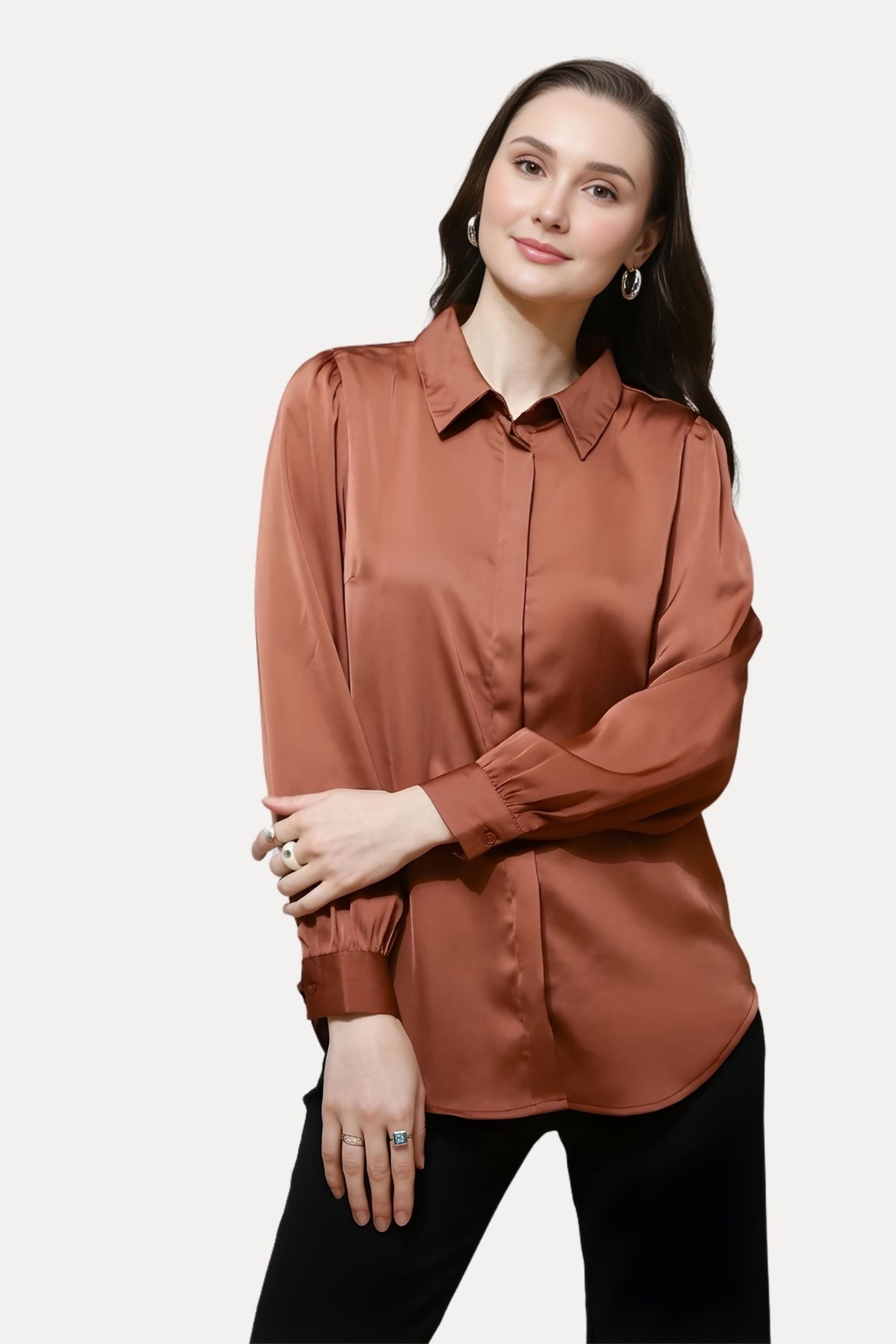 Brown Poly Satin Solid Shirt
