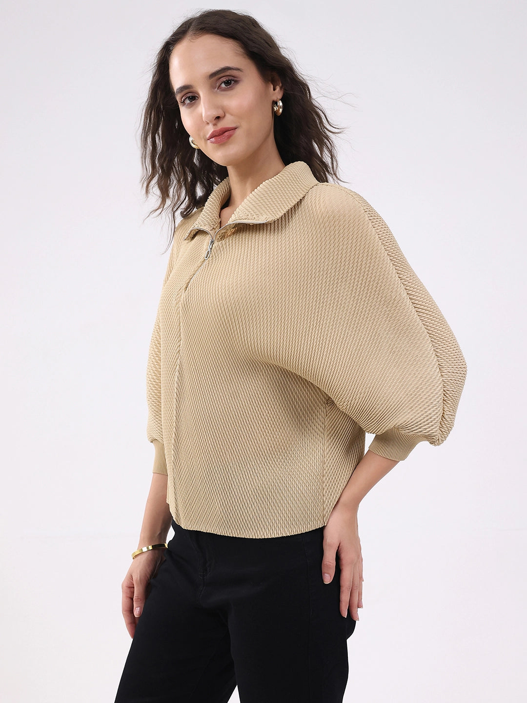Beige Solid Pleated Blouson Top - Global Republic