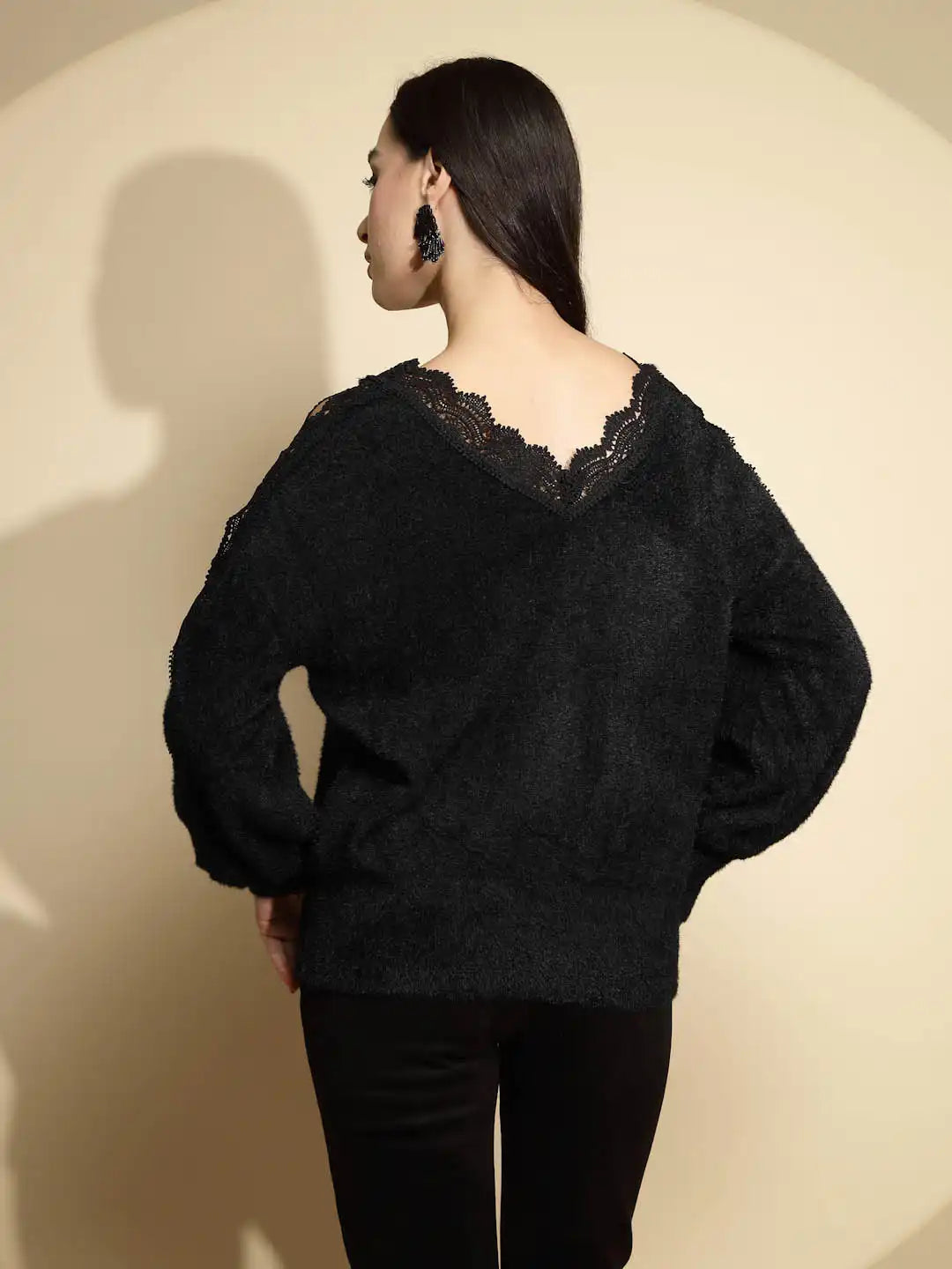 Black Embellished Full Sleeve V-Neck Relaxed Fit Pullover