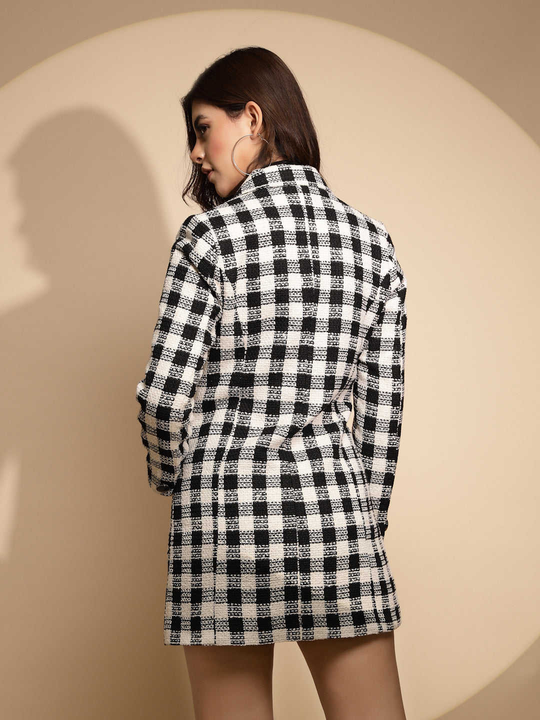 Women Black & White Checkered Collared Neck Full Sleeve Woolen Coat - Global Republic