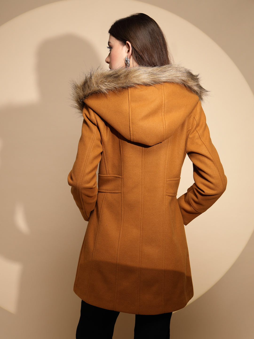 Women Mustard Solid Full Sleeve Knitted Fur Hooded Neck Coat - Global Republic