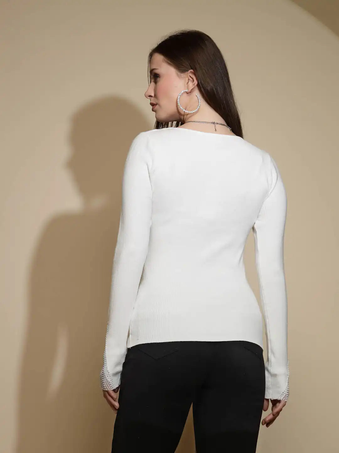 White Embellished Full Sleeve V-Neck Acrylic Pullover Sweater - Global Republic