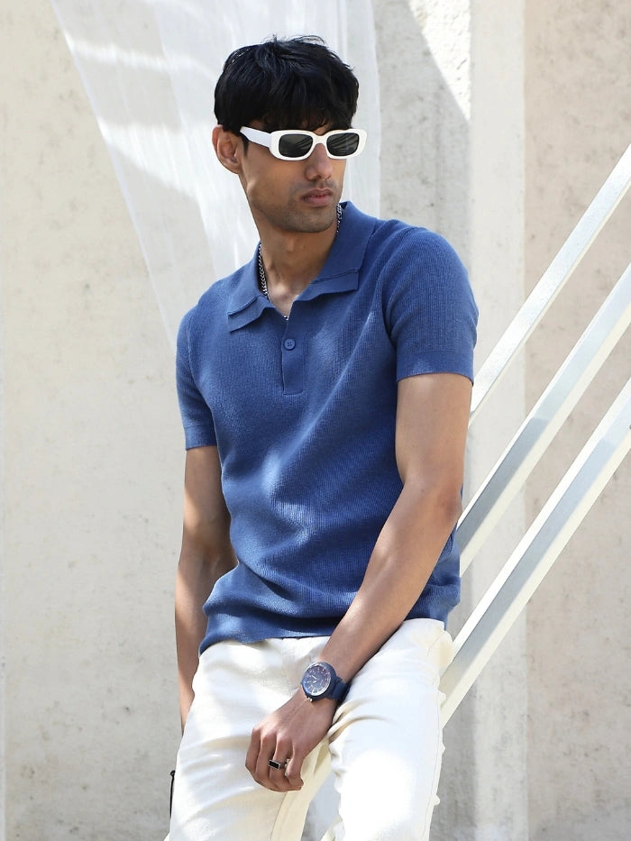 Blue Self Design Cotton T-Shirt - Global Republic