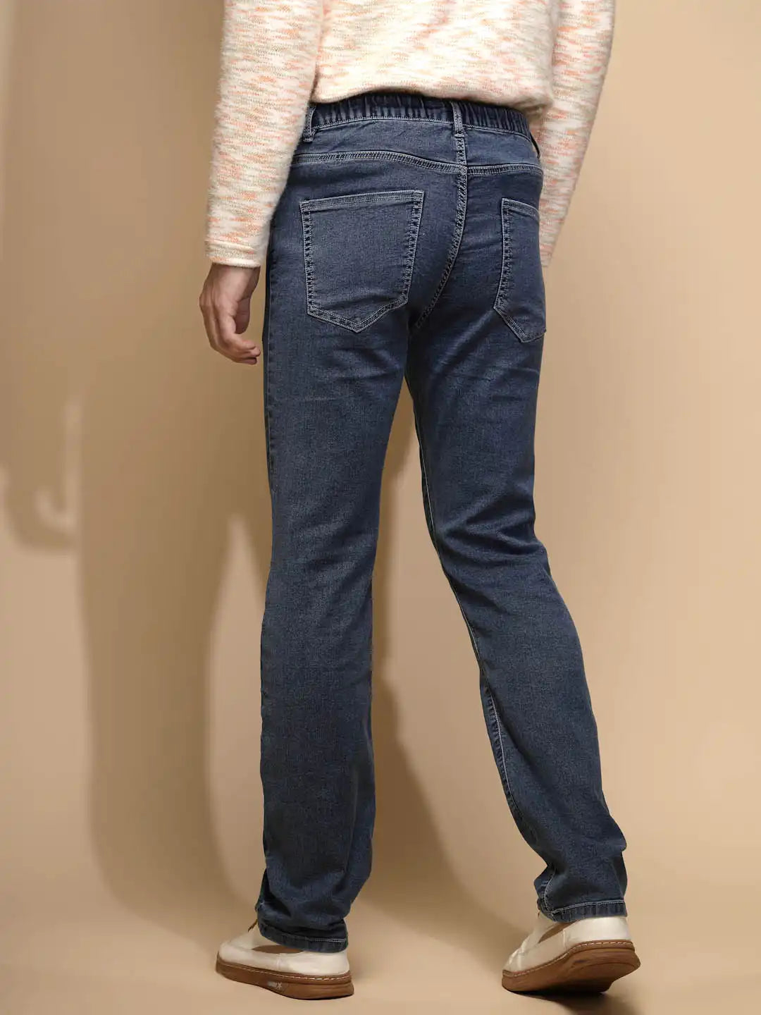 Medium Blue Solid Mid Rise Full Length Straight Slim Fit Cotton Blend Jeans - Global Republic