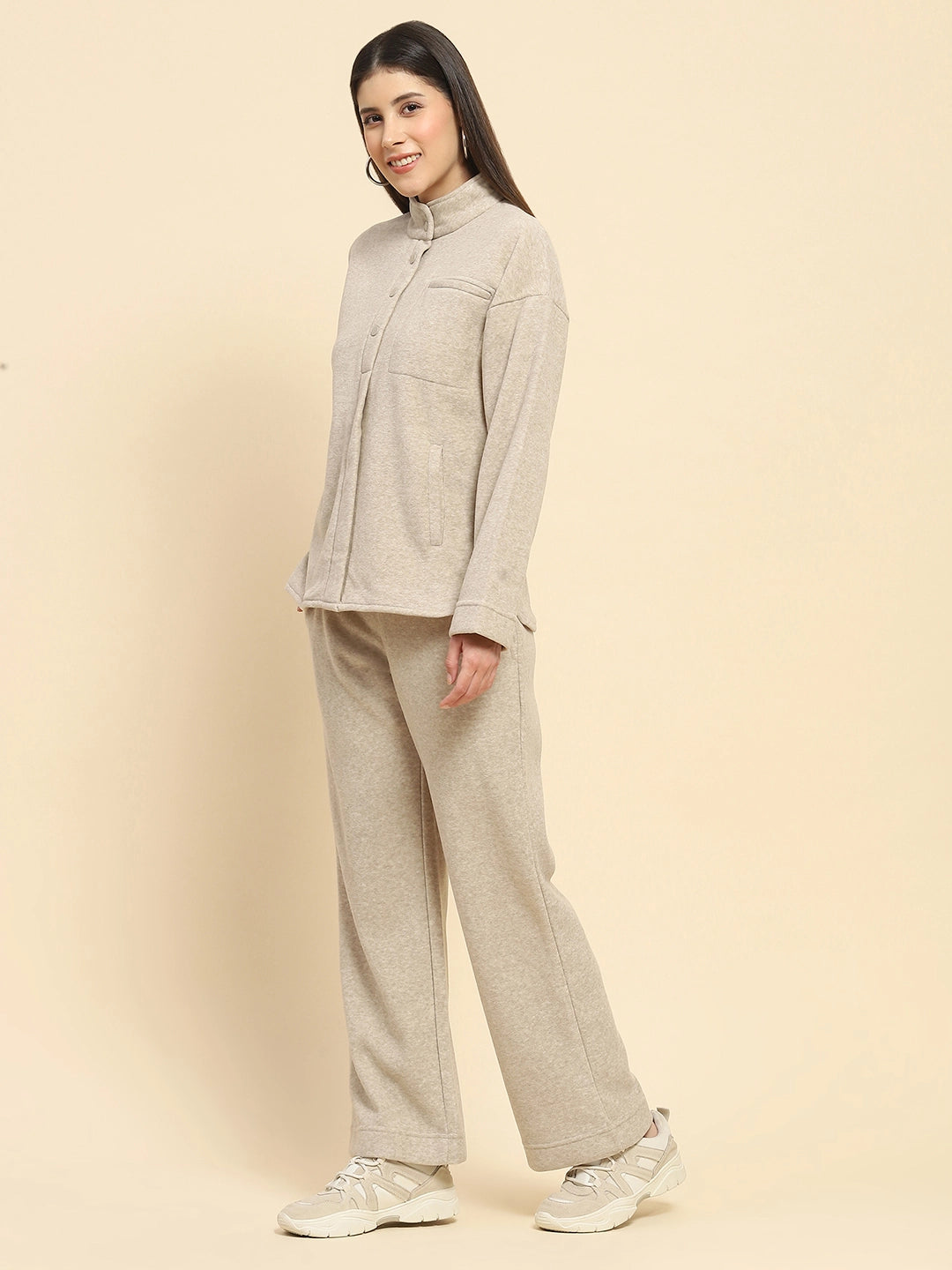 Beige Solid Relaxed Winter Nightsuit - Global Republic