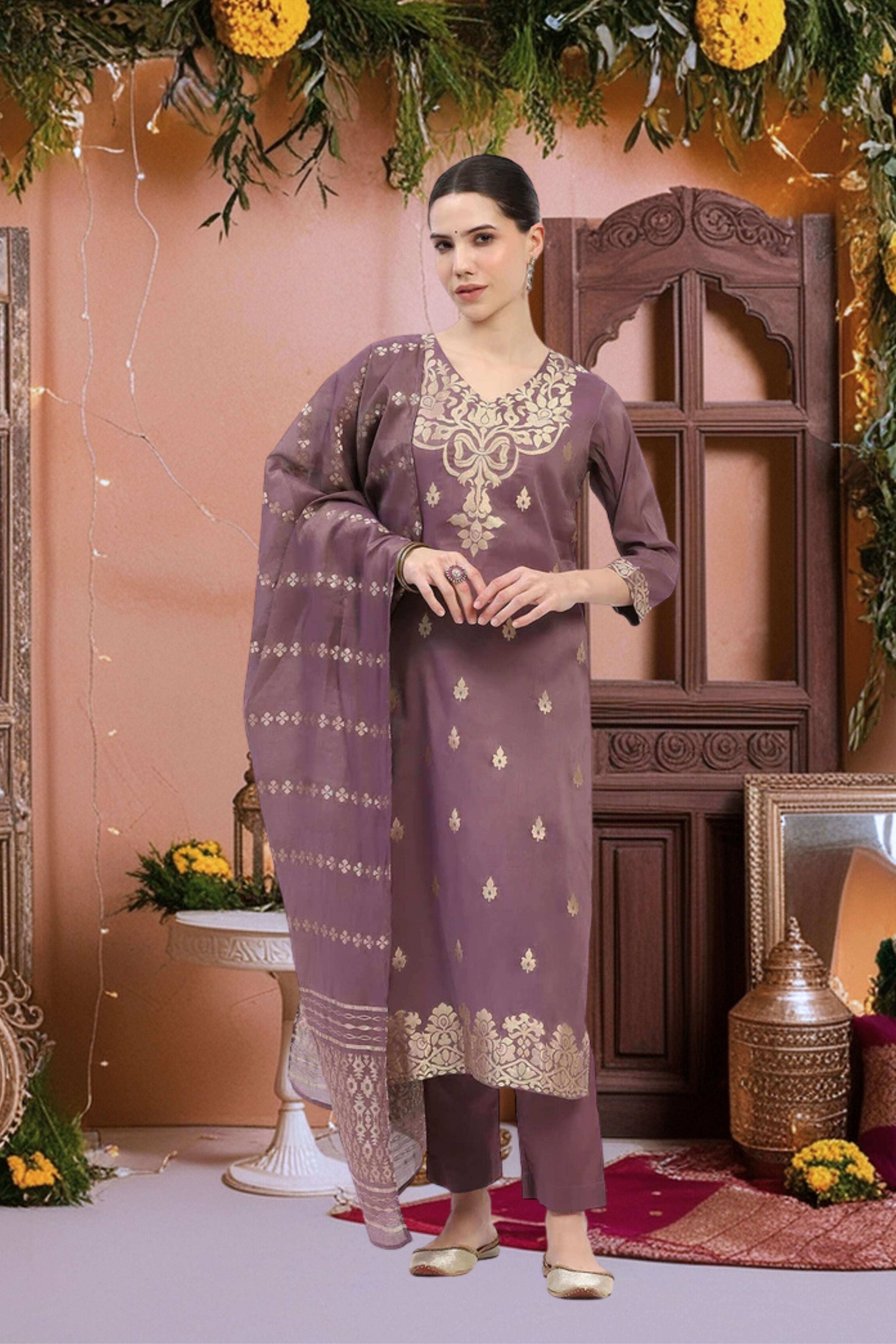 Festive Chanderi Ethnic Suit Set - Global Republic