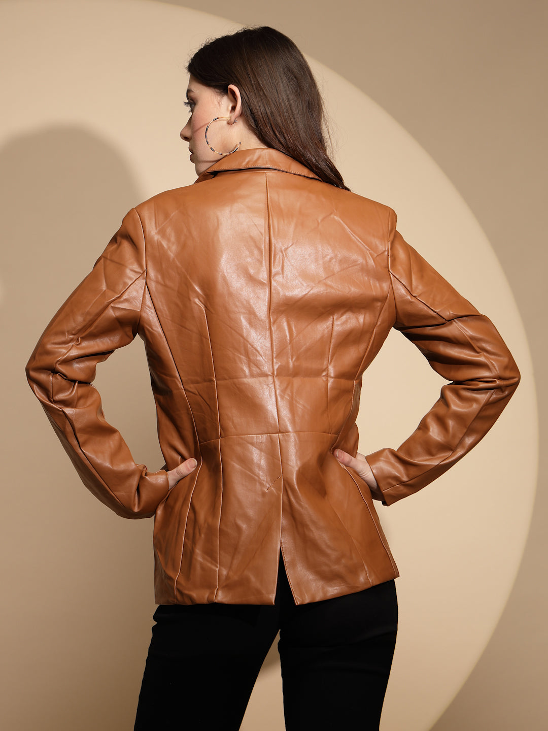 Brown Collared Neck Leather Coat - Global Republic