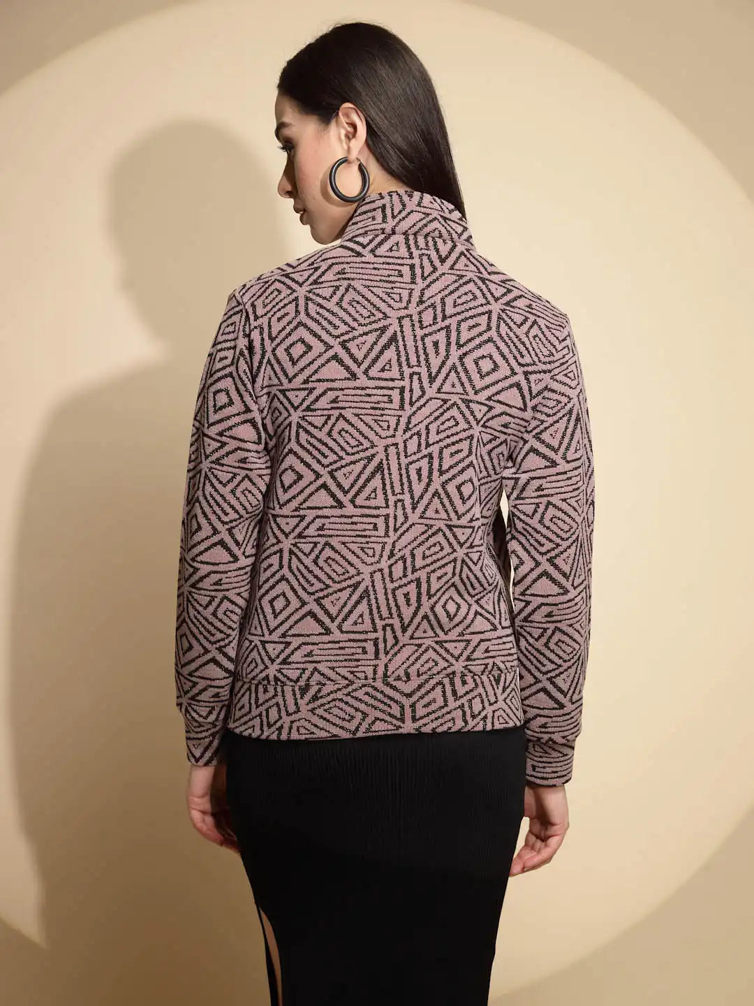 Dark Brown Geometric Print Full Sleeve Turtle Neck Acrylic Sweatshirt - Global Republic
