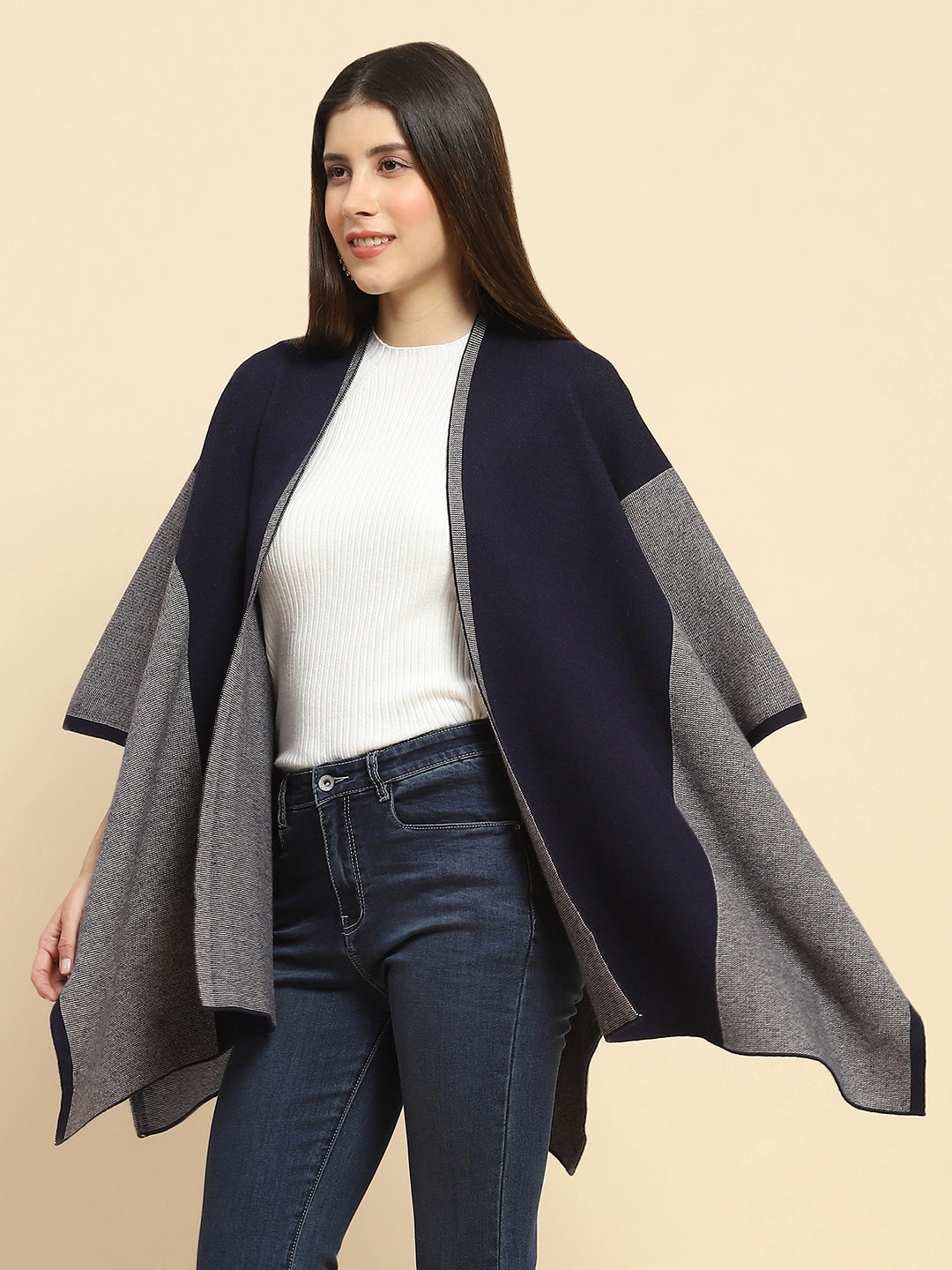 Navy Blue Wool Blend Winter Shrug - Global Republic