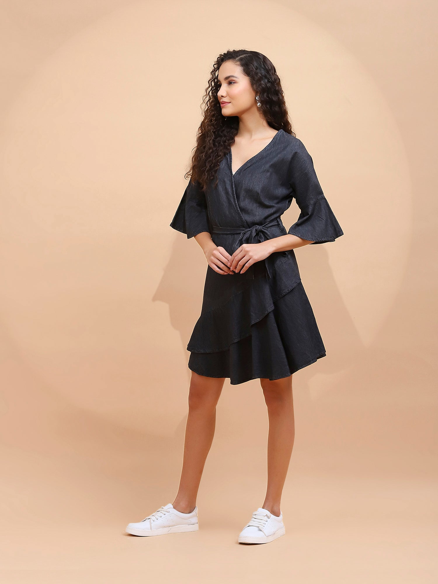 Black Cotton Blend Flared Wrap Dress - Global Republic