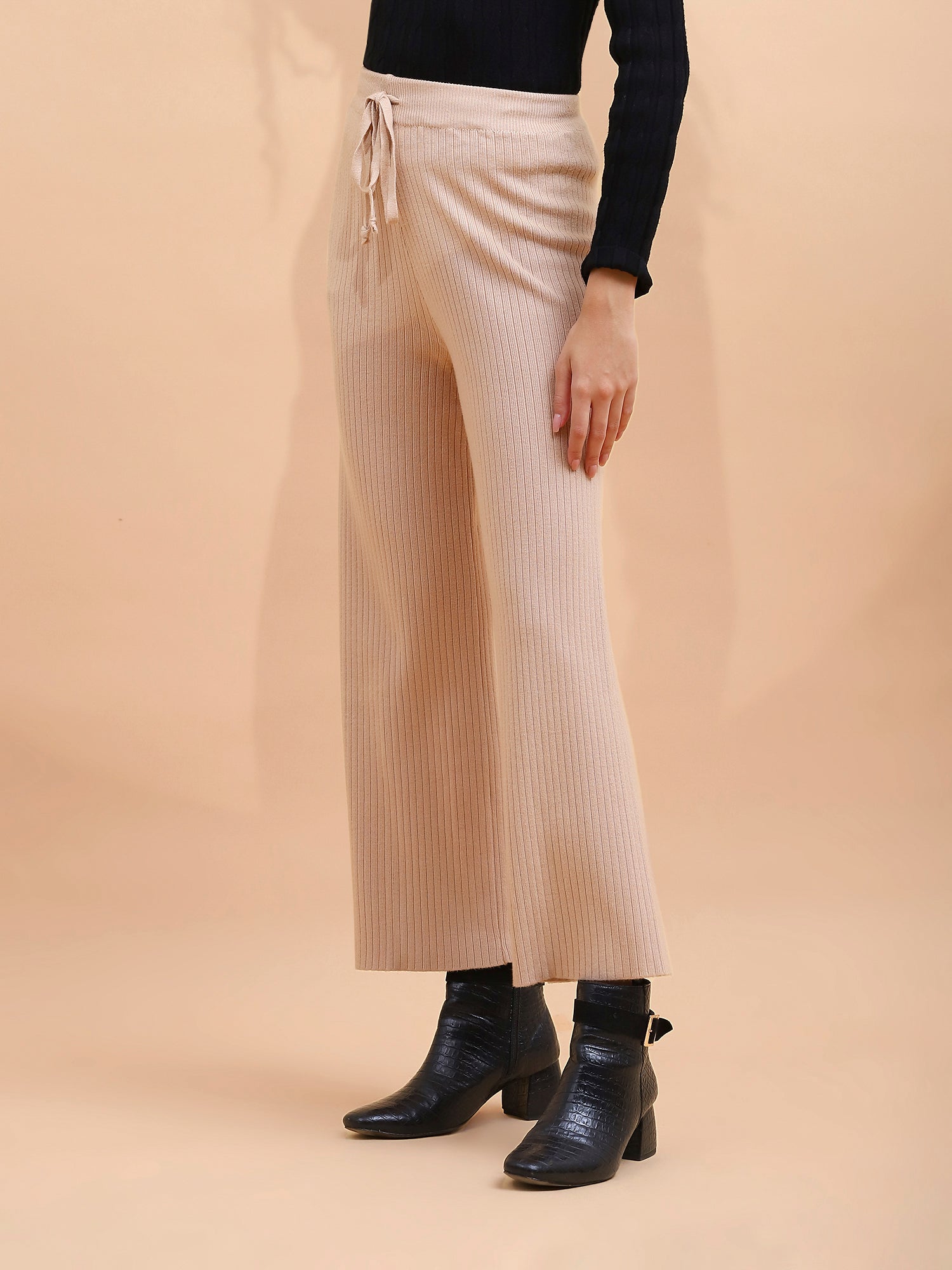 Beige Viscose Blend Solid Lower - Global Republic