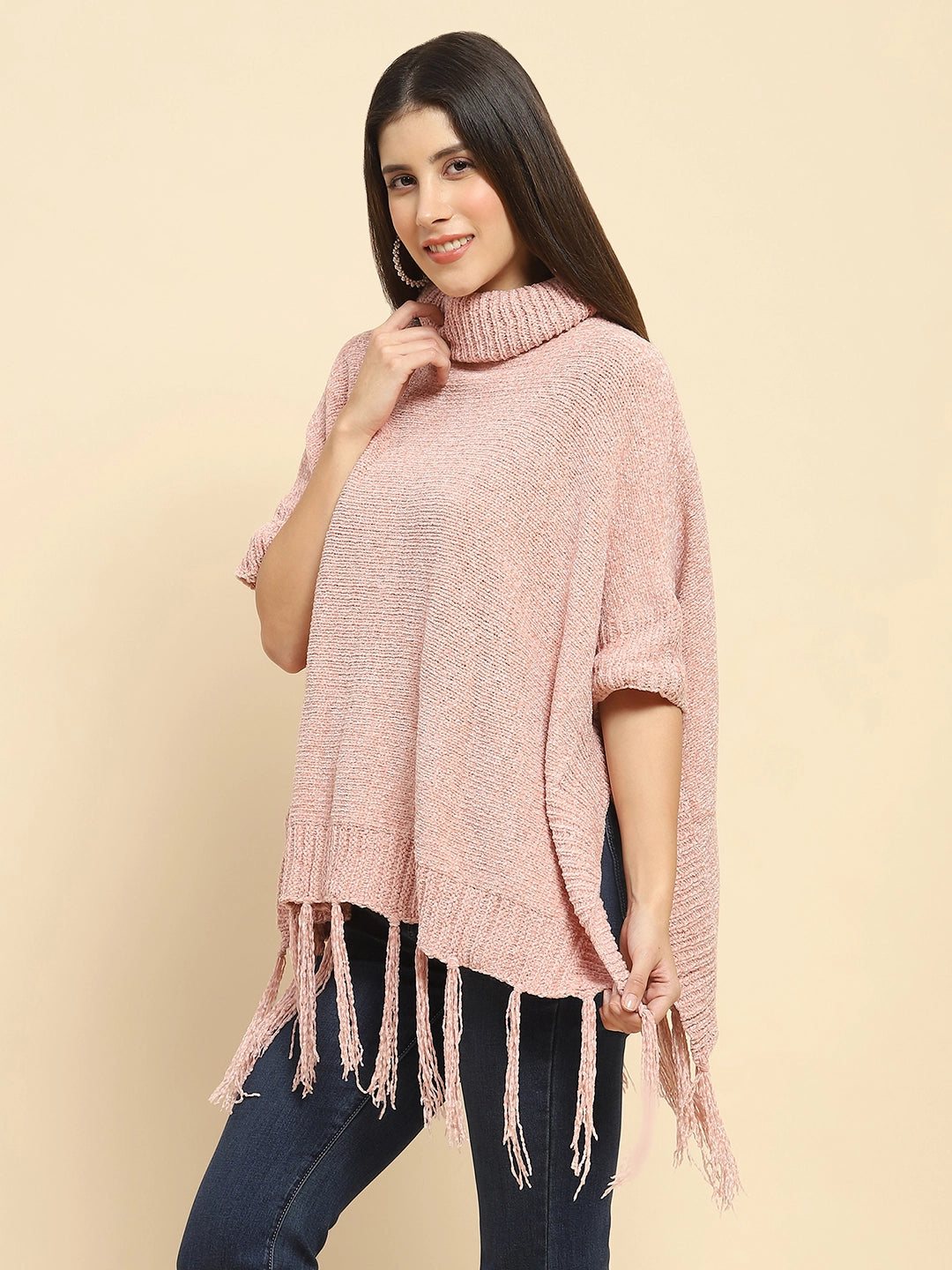 Pink Wool Blend Knit Loose Poncho - Global Republic