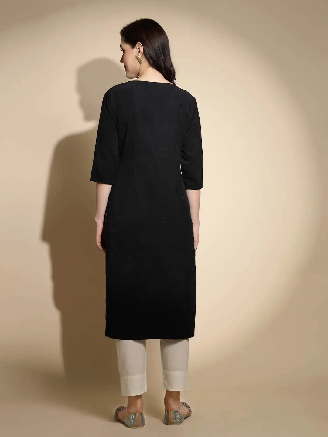Black Embroidered Woolen Kurta - Global Republic