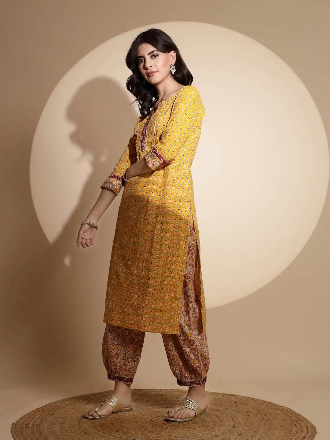 Yellow Embellished Three Fourth Sleeve V Neck Cotton Kurta Set - Global Republic