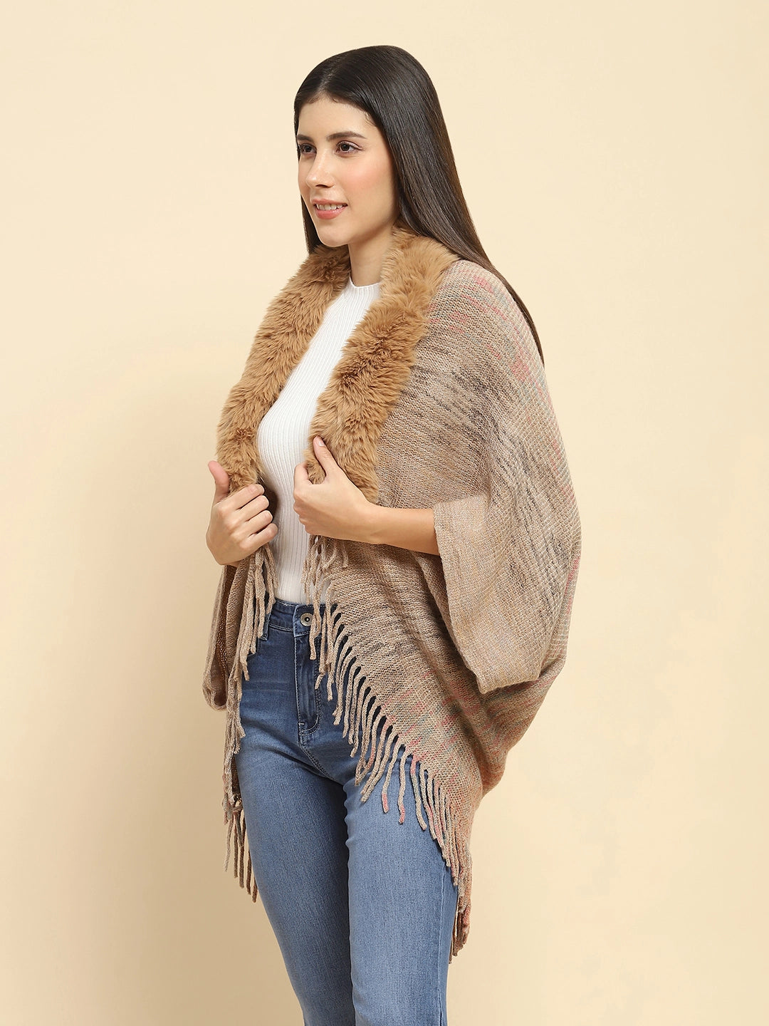Khaki Mélange Acrylic Knitted Relaxed Fit Cape - Global Republic