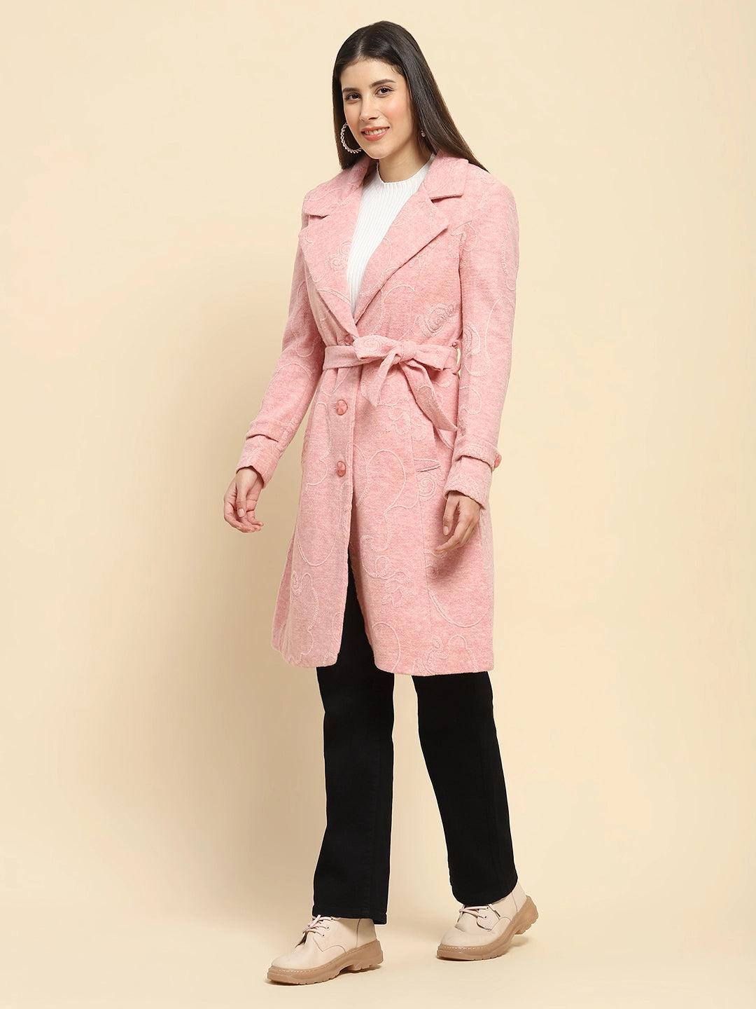 Pink Self Design Long Winter Coat - Global Republic