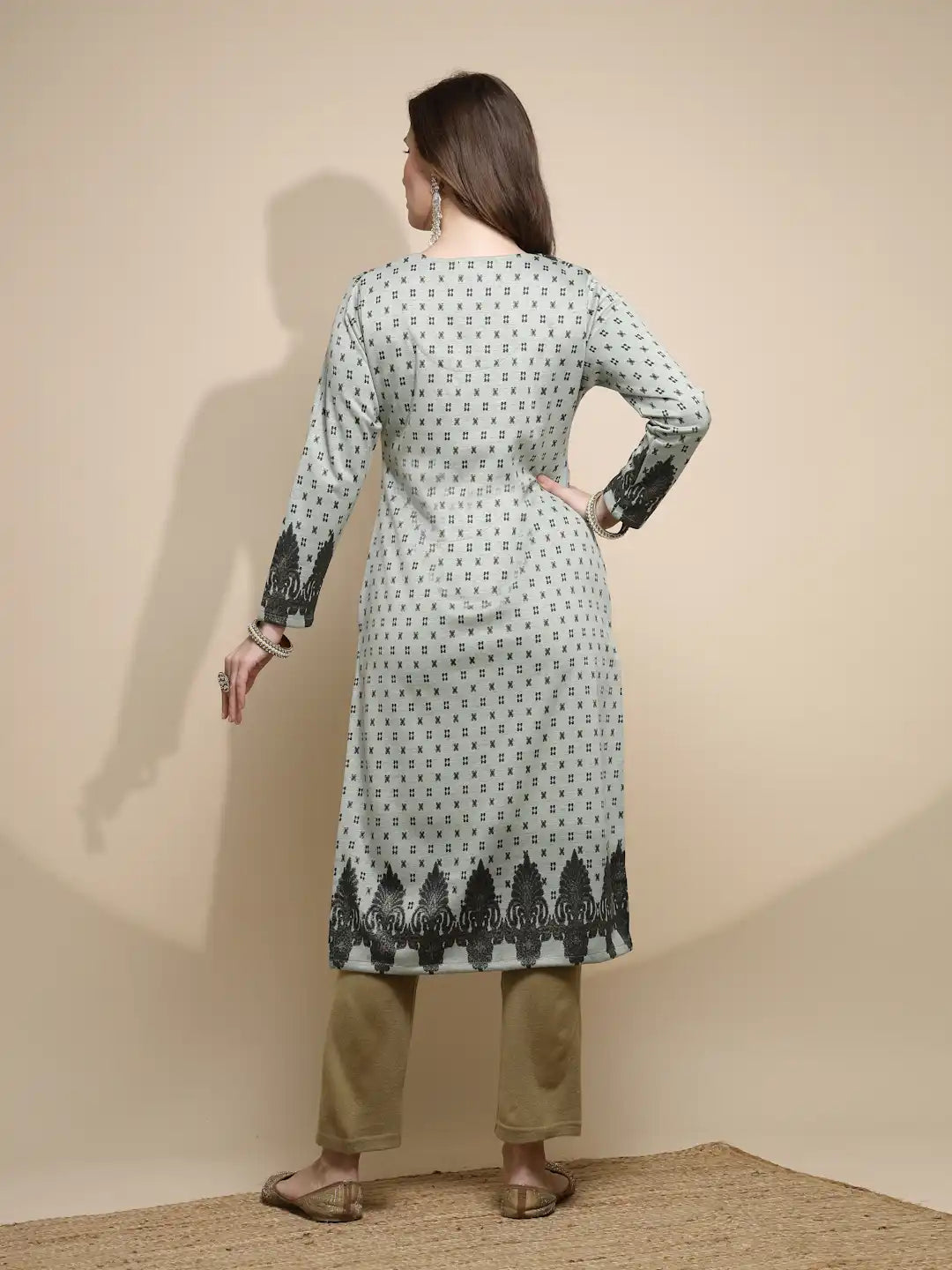 Women Light Green Printed Kurta V-Neck Woolen With Full Sleeve - Global Republic