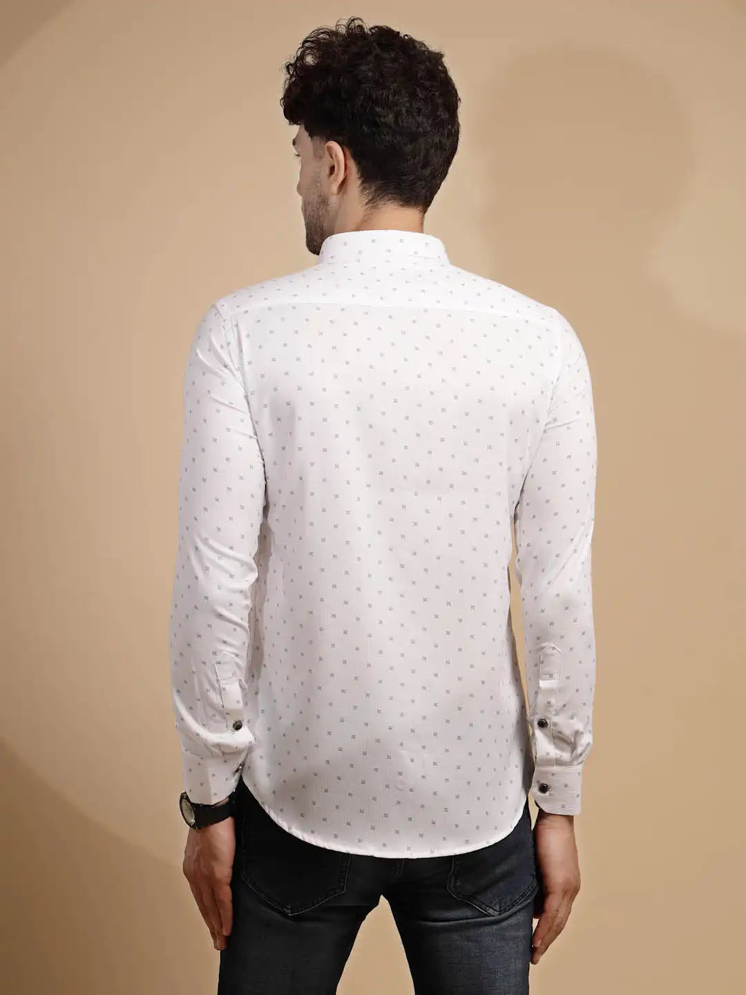 White Printed Full Sleeve Collared Neck Shirt - Global Republic